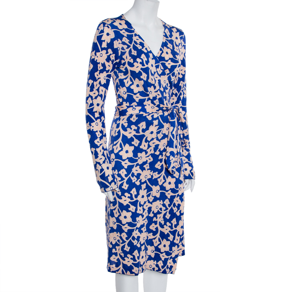 

Diane Von Furstenberg Blue Floral Printed Knit Midi Wrap Dress