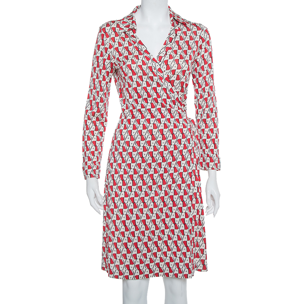 Pre-owned Diane Von Furstenberg Cream Red Knit Printed New Wrap Dress L | ModeSens