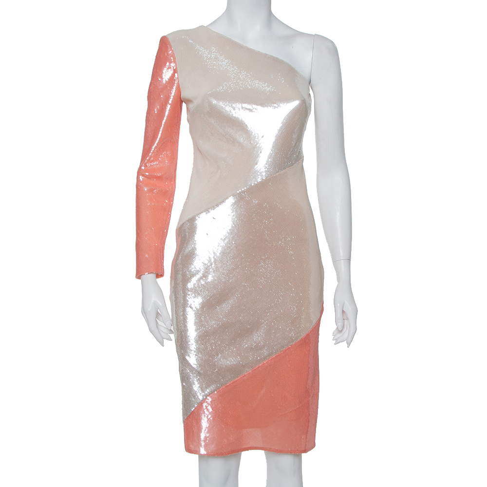 Pre-owned Diane Von Furstenberg Color Block Sequin Embellished Silk One Shoulder Midi Dress Xs In Silver