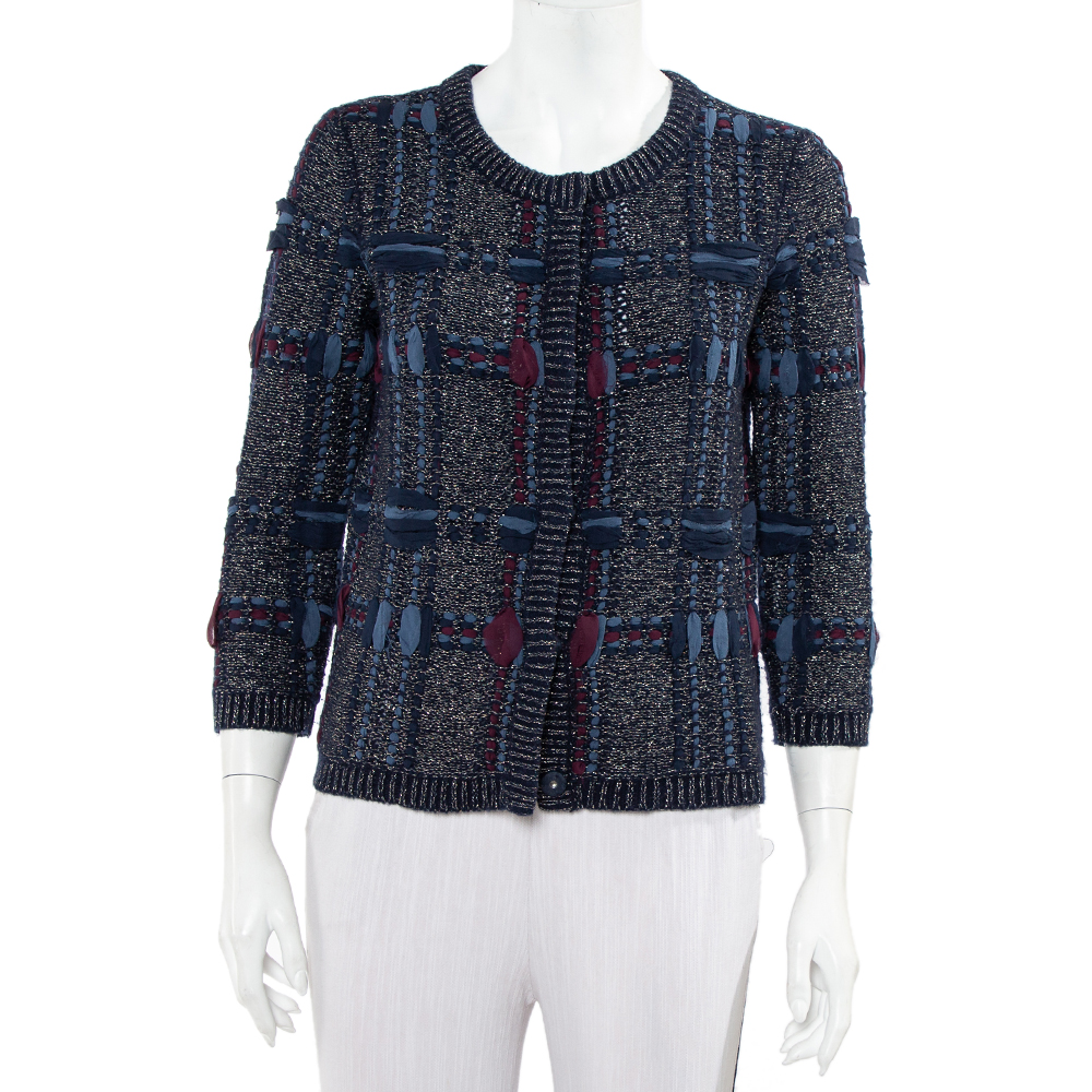Pre-owned Diane Von Furstenberg Navy Blue Lurex Knit Button Font Hurleigh Cardigan S