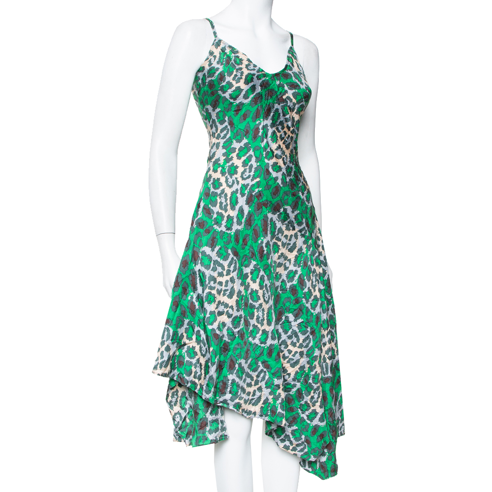 

Diane Von Furstenberg Green Animal printed Silk Asymmetric Hem Midi Dress