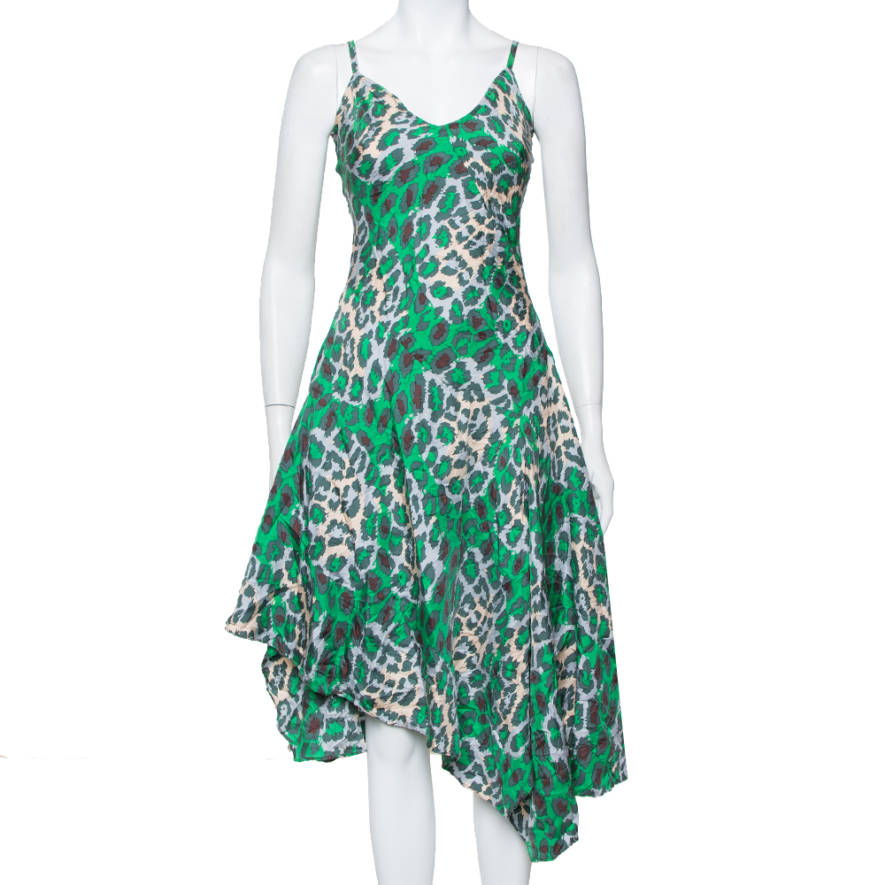 Pre-owned Diane Von Furstenberg Green Animal Printed Silk Asymmetric Hem Midi Dress M