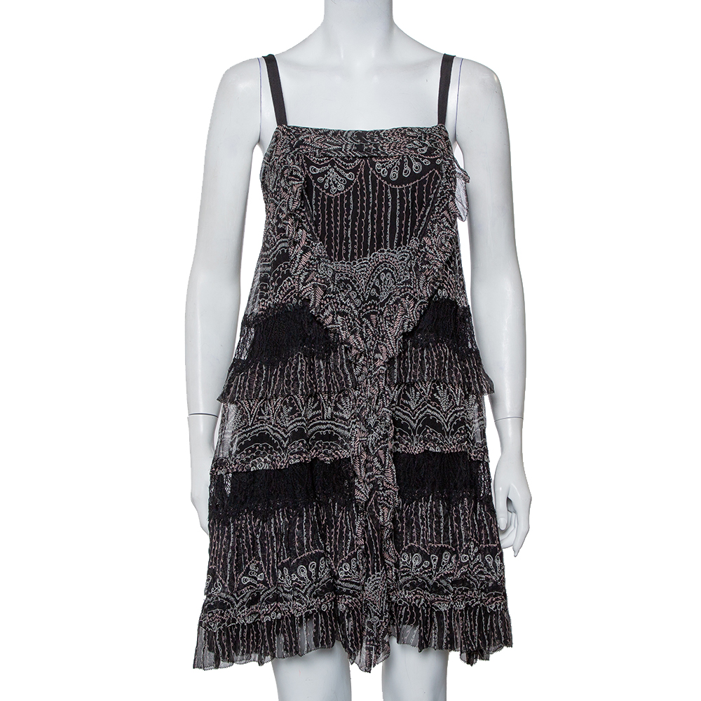 Pre-owned Diane Von Furstenberg Black Printed Silk Lace Trim Detail Tiered Taleen Mini Dress M