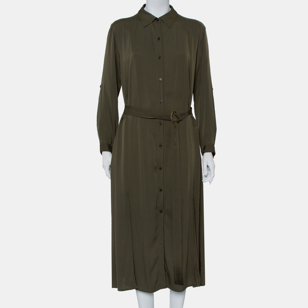 Pre-owned Diane Von Furstenberg Military Green Silk Belted Clarise Dress M