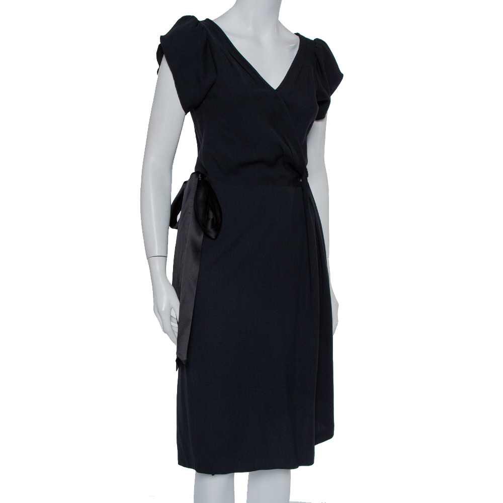 

Diane von Furstenberg Black Wool Satin Trim Detail Antoinette Wrap Dress