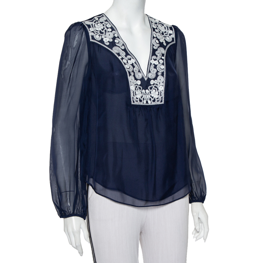 

Diane Von Furstenberg Navy Blue Silk Embroidered Plunge Neck Maslyn Top