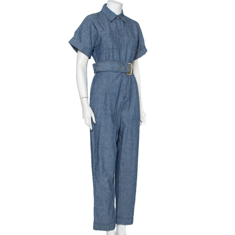 

Diane Von Furstenberg Blue Cotton Button Front Belted Jumpsuit