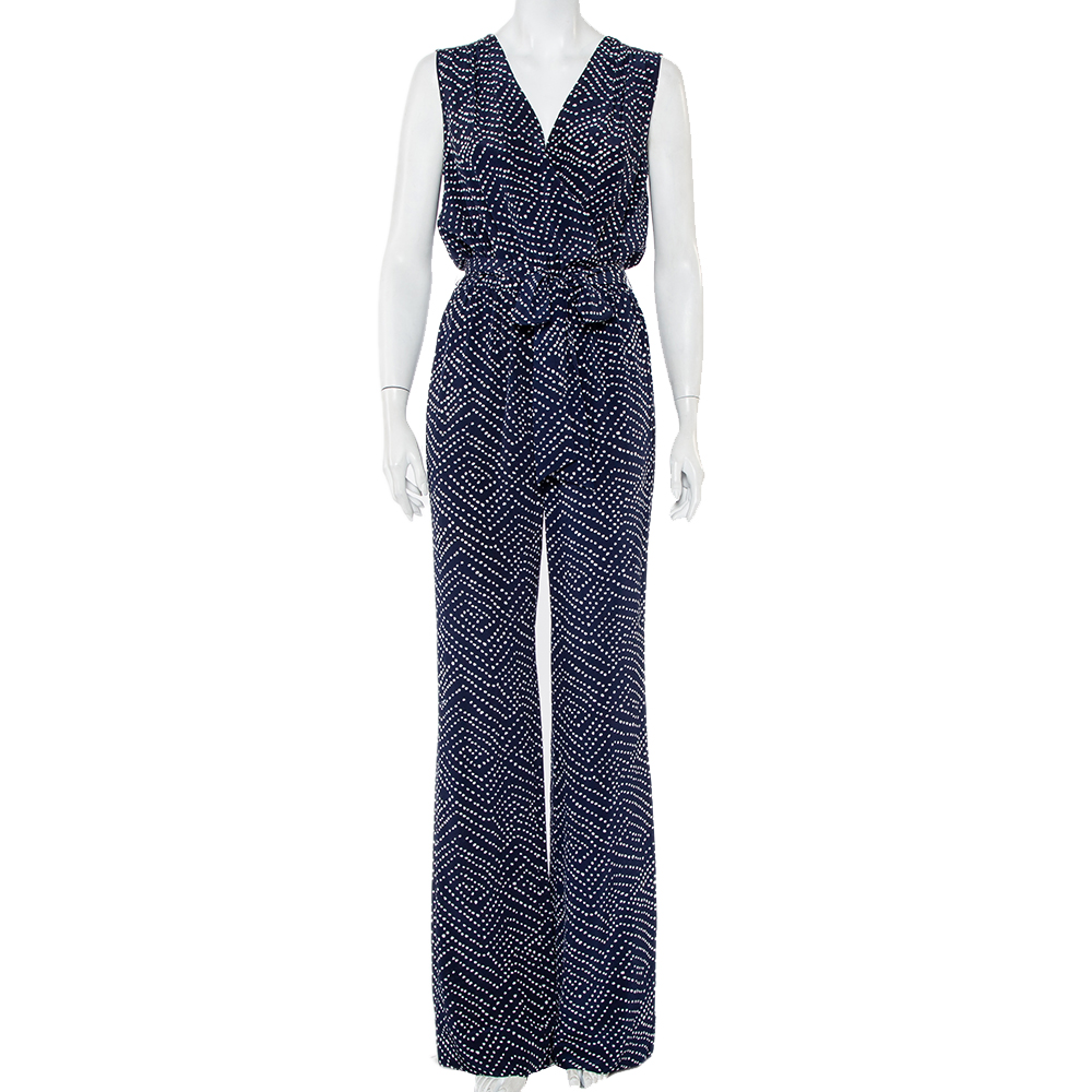 Diane Von Furstenberg Navy Blue and White Dotted Silk Belted Eva Jumpsuit M