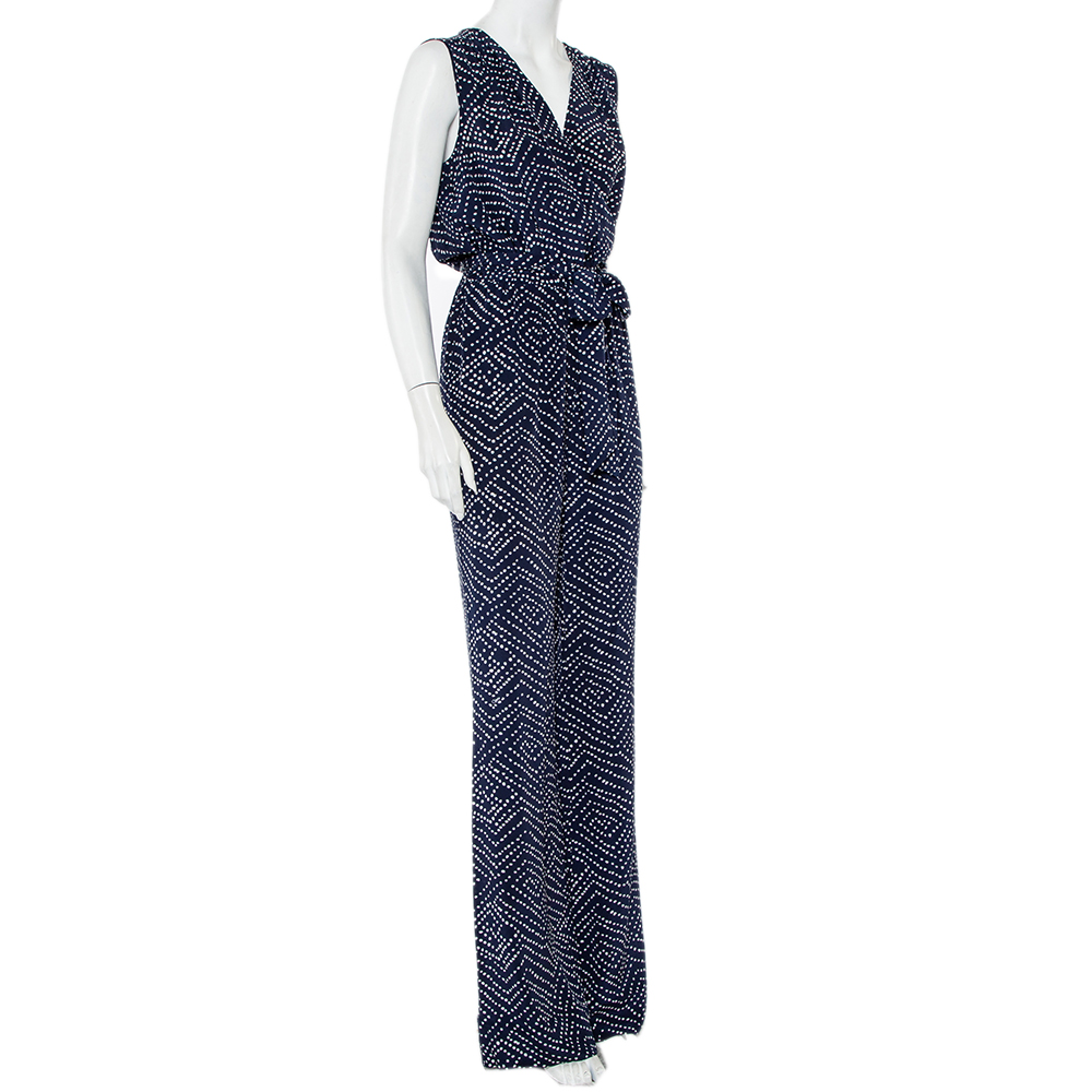 

Diane Von Furstenberg Navy Blue and White Dotted Silk Belted Eva Jumpsuit