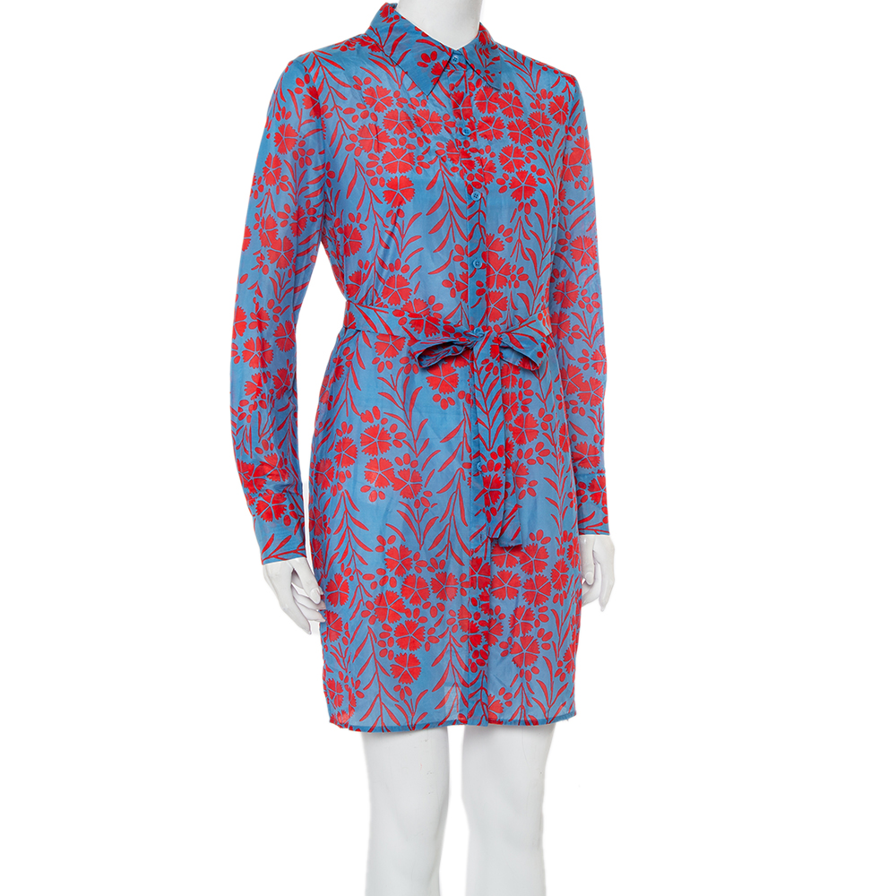 

Diane Von Furstenberg Blue Printed Cotton Belted Mykonos Breeze Shirt Dress