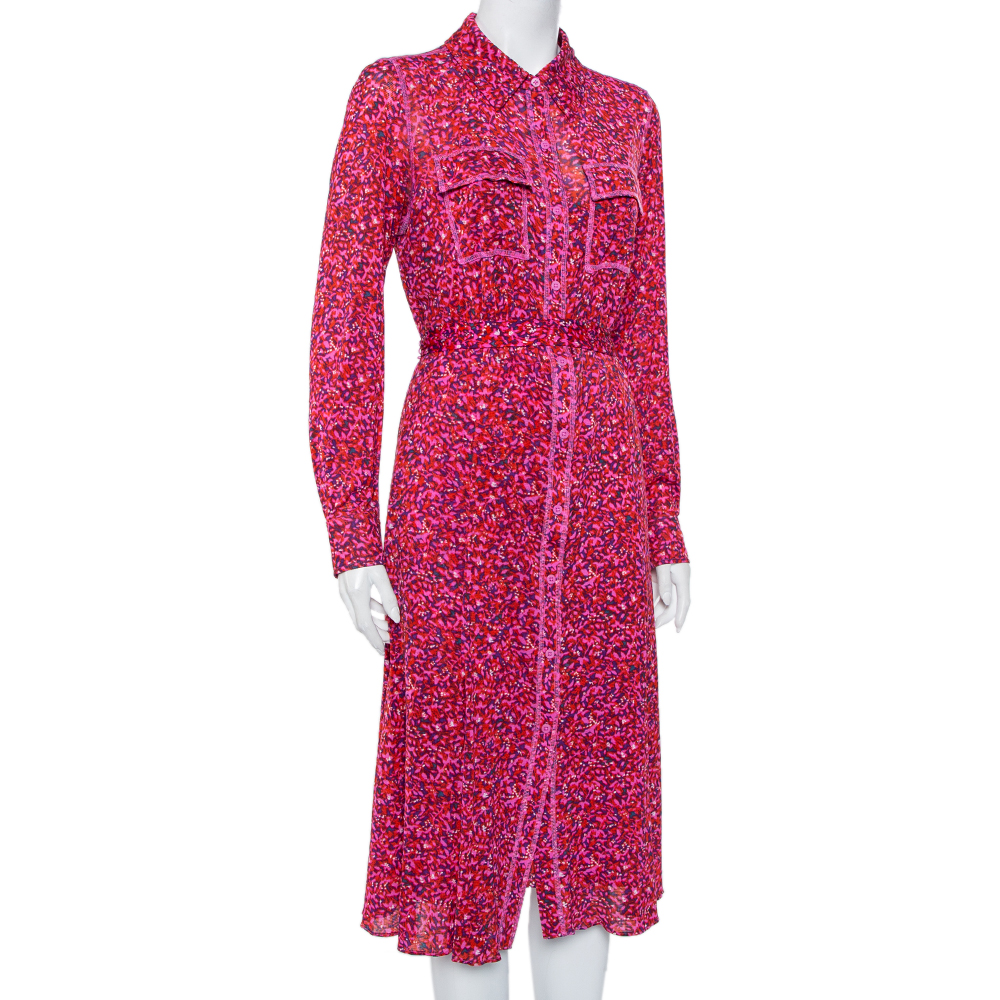 

Diane Von Furstenberg Pink Floral Printed Mesh Button Front Belted Midi Dress