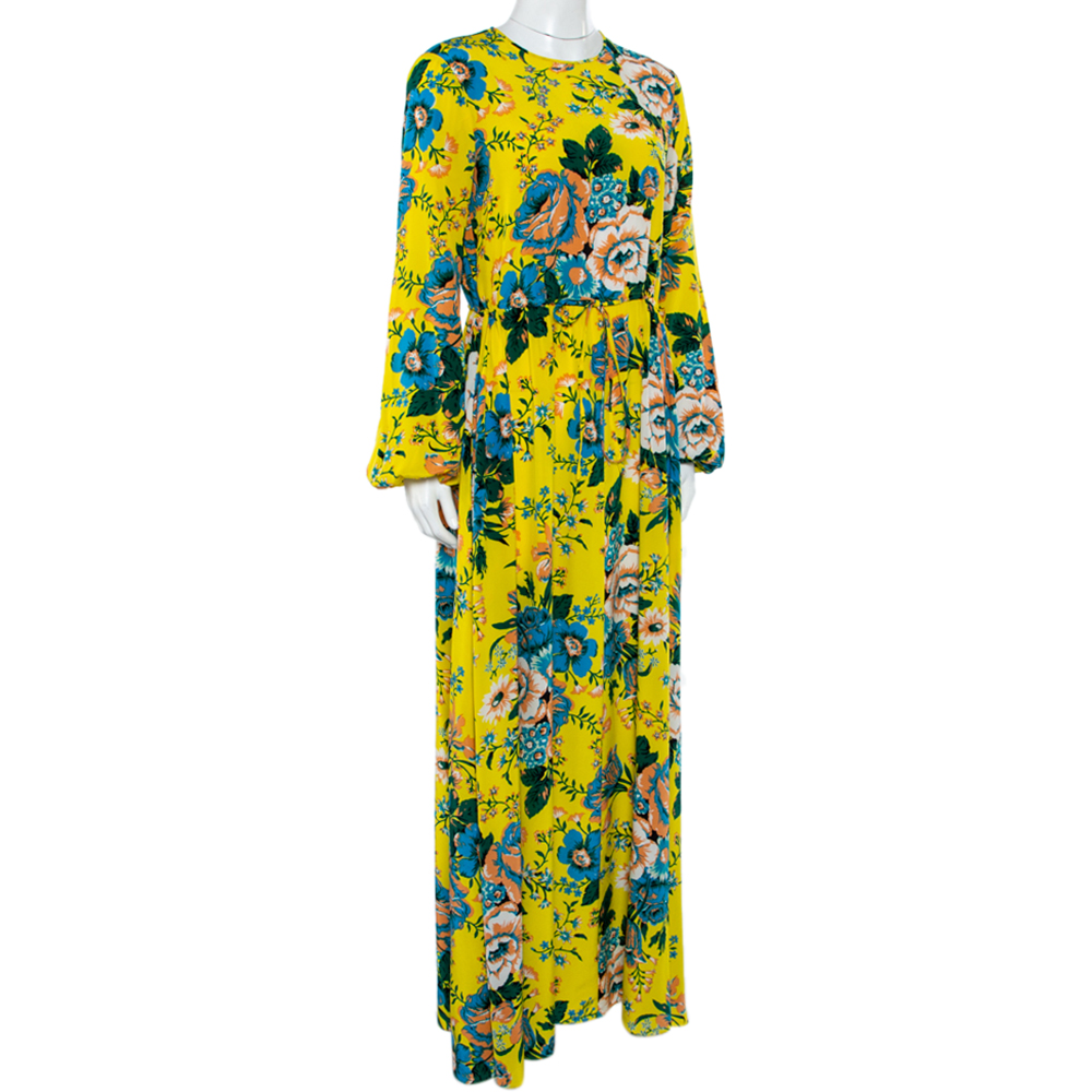 

Diane von Furstenberg Yellow Floral Printed Silk Waist Tie Detail Maxi Dress
