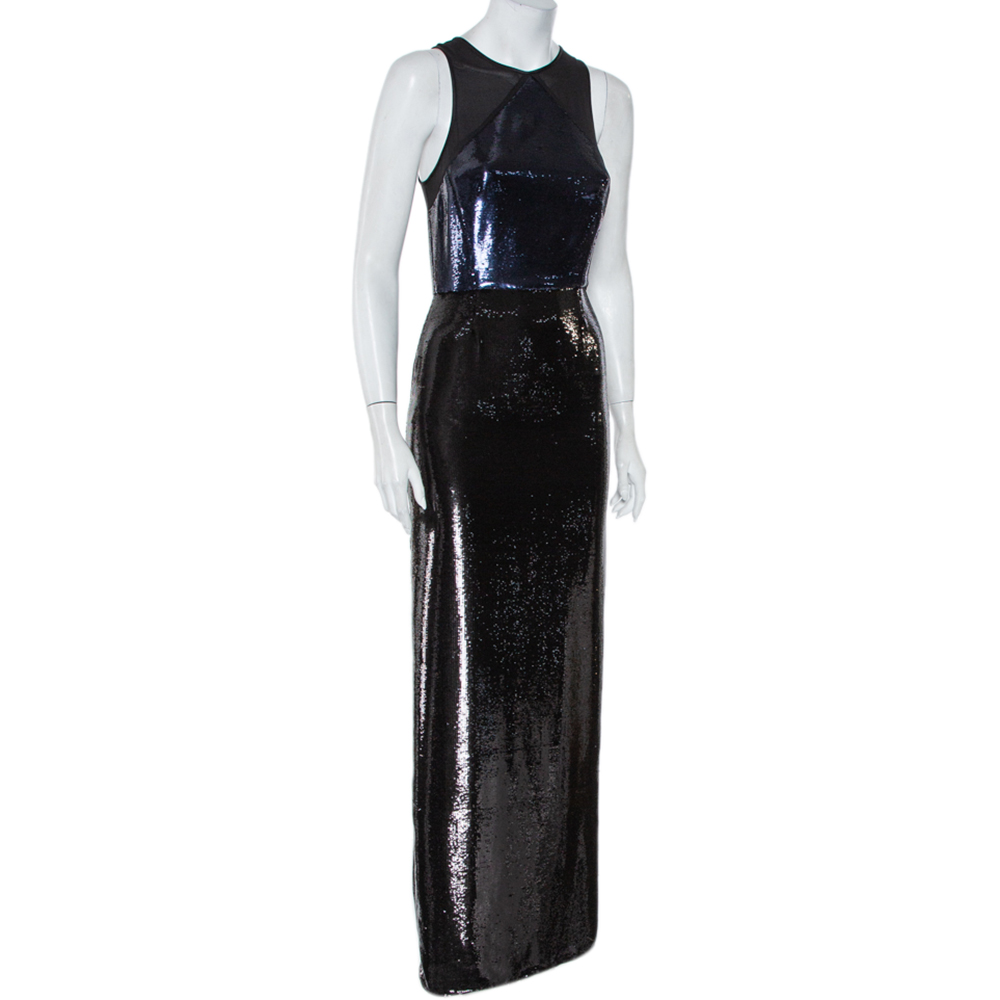 

Diane Von Furstenberg Navy Blue & Black Sequined Silk Sheer Back Detail Gown