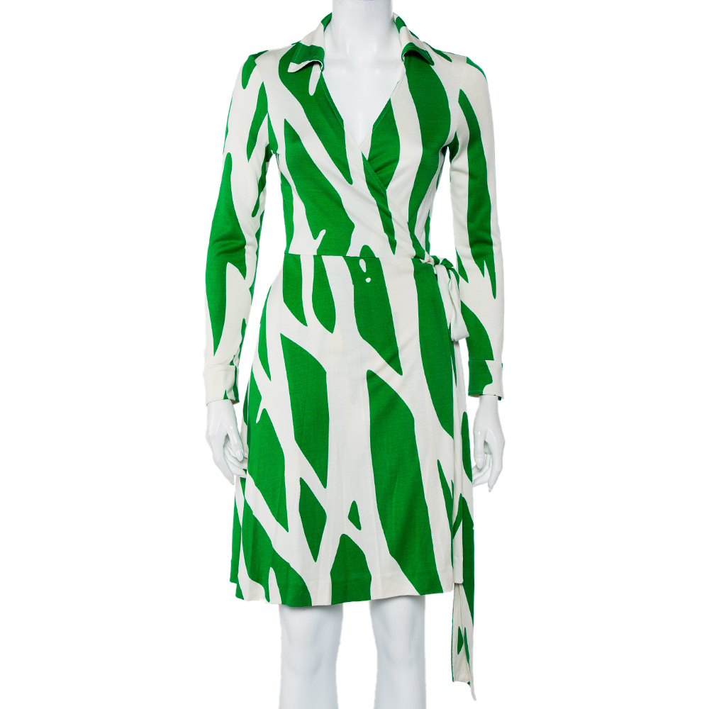 

Diane Von Furstenberg Beige & Green Printed Silk Knit Collared Mini Wrap Dress