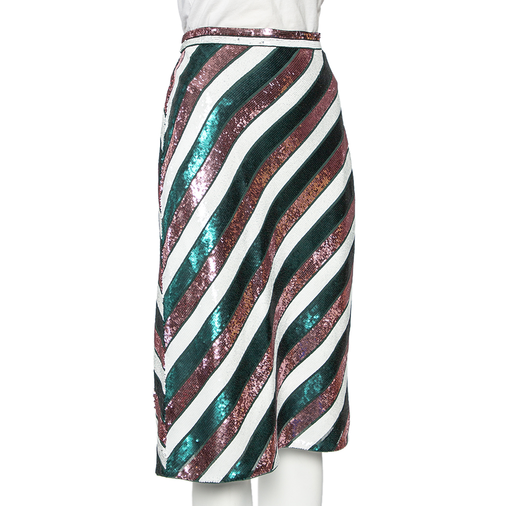 

Diane Von Furstenberg Multicolor Striped Sequin Embellished Silk Skirt, Green