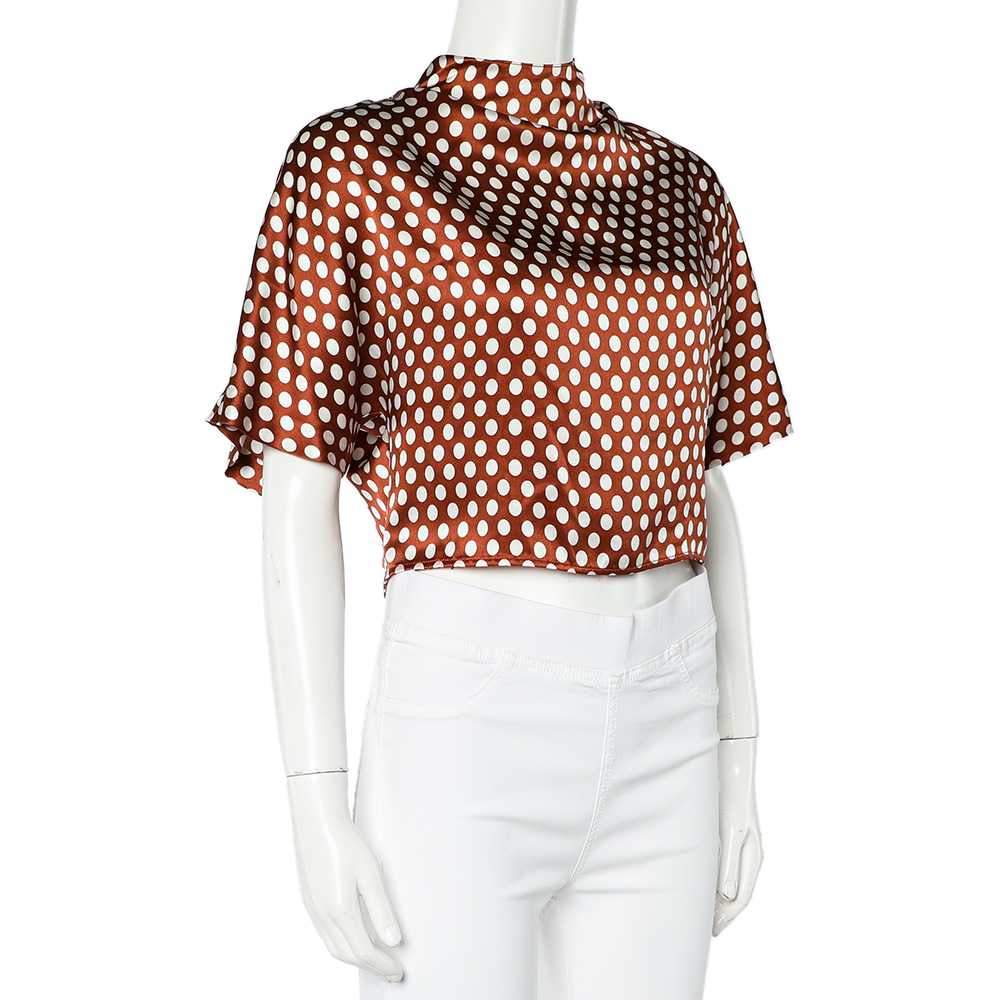 

Diane Von Furstenberg Brown Polka Dot Silk Neck Tie Detail Short Top