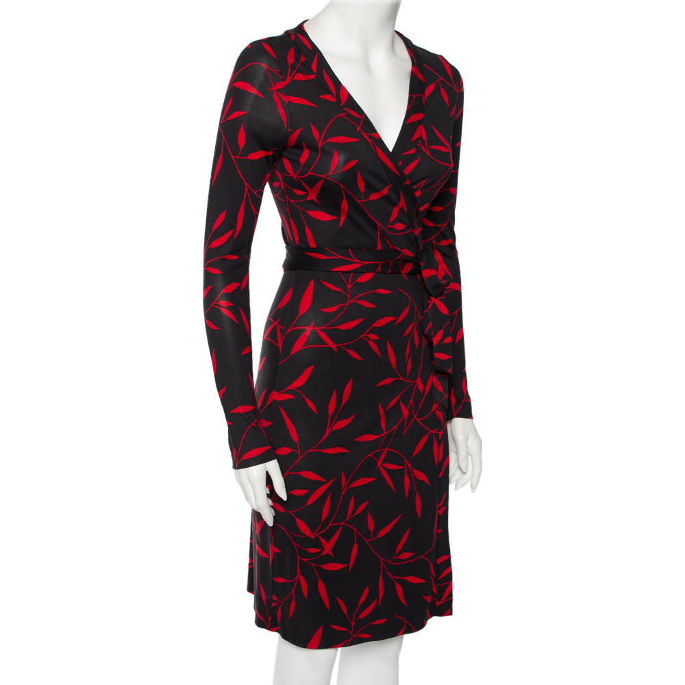 

Diane Von Furstenberg Black & Red Printed Silk Knit Midi Wrap Dress