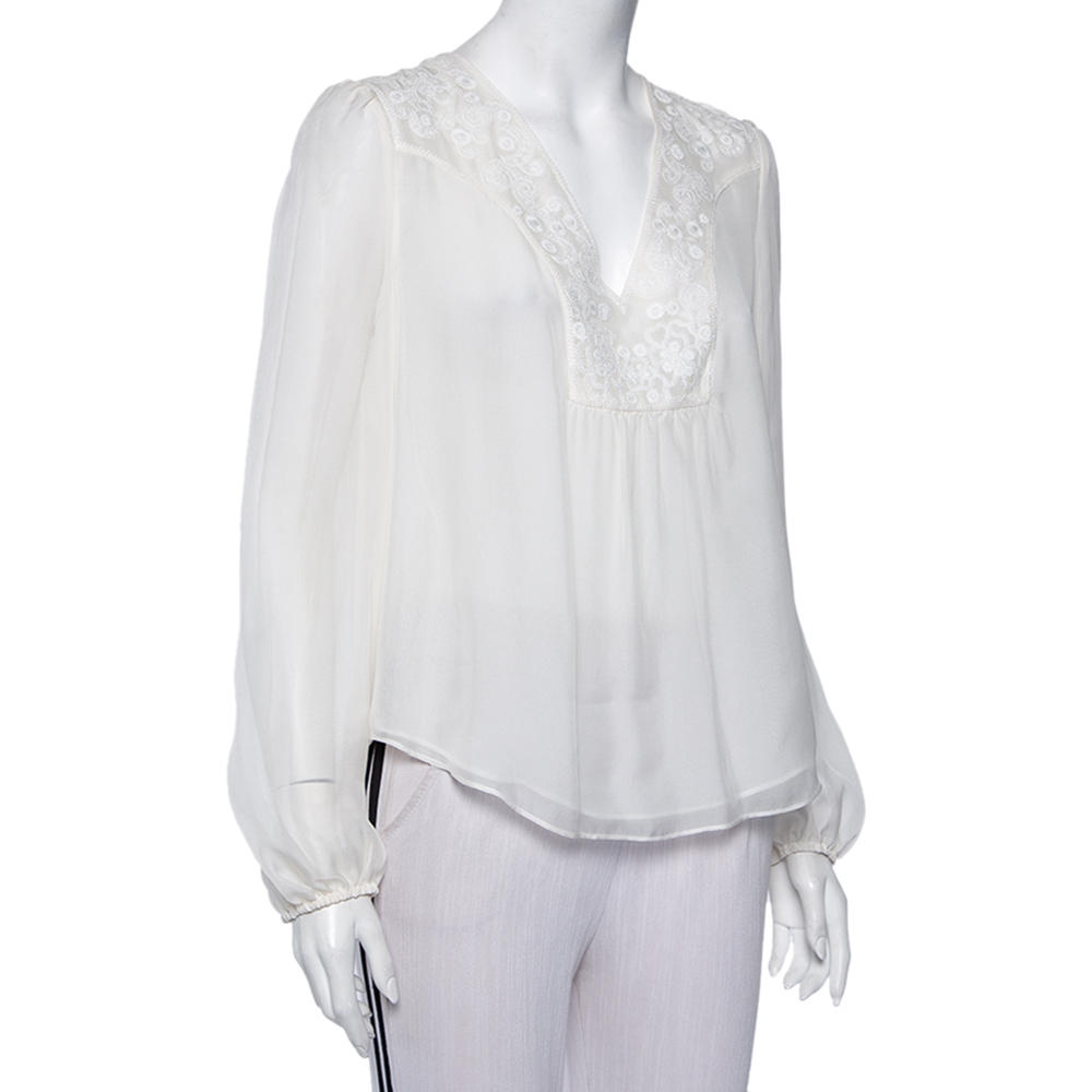 

Diane Von Furstenberg White Silk Embroidered Neck Detail Maslyn Top