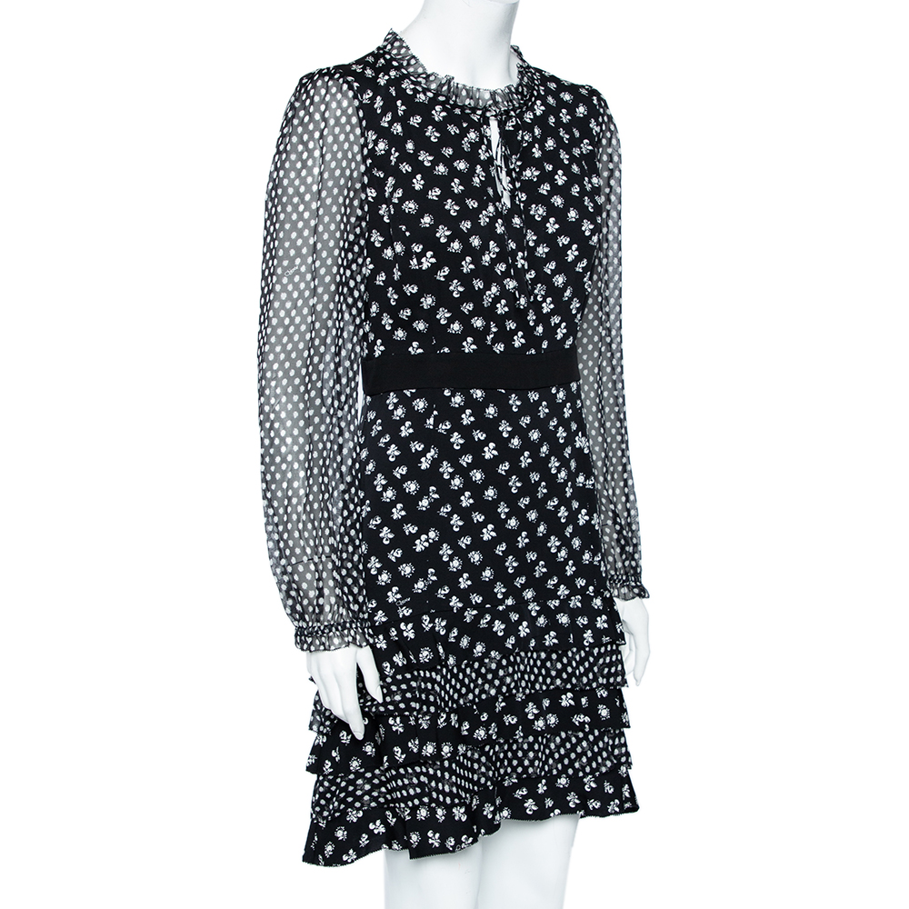 

Diane Von Furstenberg Monochrome Floral Printed Silk Ruffle Detail Fionna Dress, Black