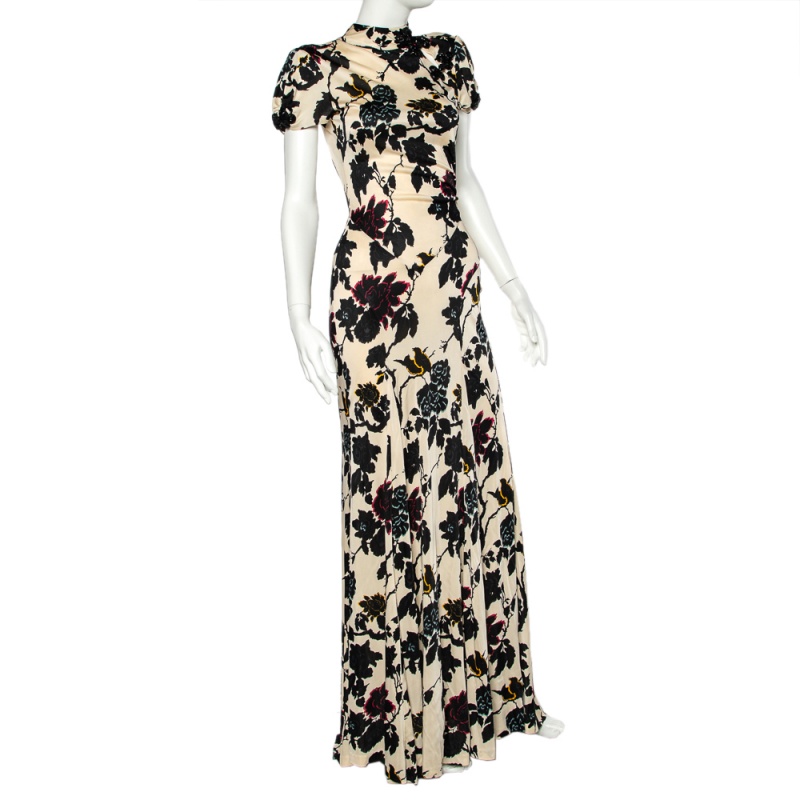 

Diane Von Furstenberg Cream Floral Printed Jersey Embellished Open Back Dixie Gown