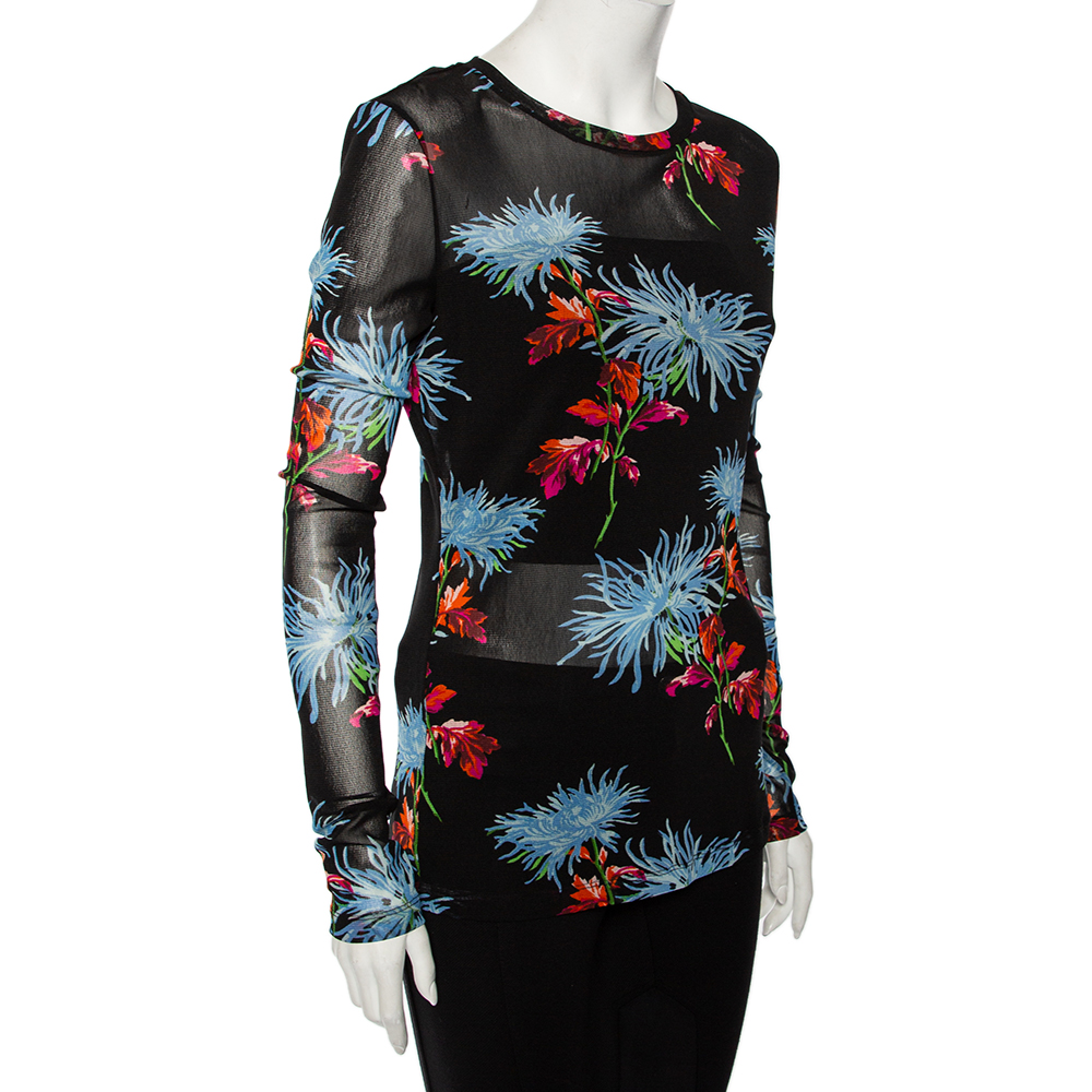 

Diane Von Furstenberg Black Floral Printed Mesh Stretch Mesh Top