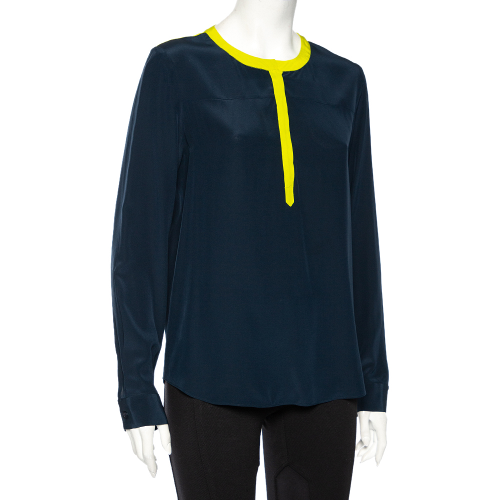

Diane Von Furstenberg Navy Blue Silk Maisy Contrast Collar Trim Detail Shirt