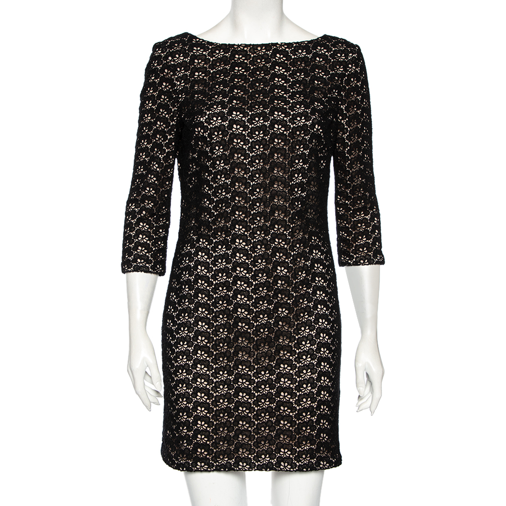 

Diane von Furstenberg Black Floral Pattern Cutout Lace Dress