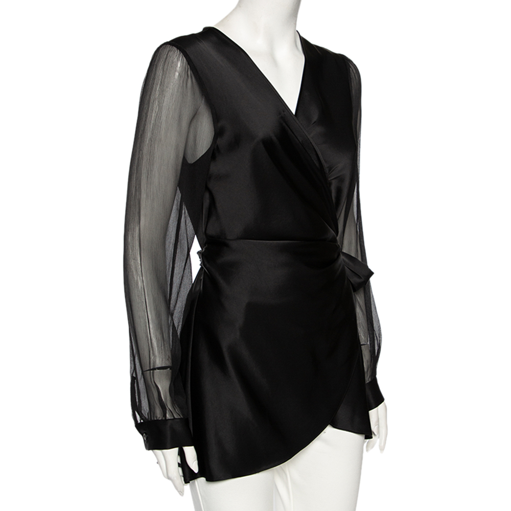 

Diane von Furstenberg Black Satin Klee Sheer Sleeve Wrap Blouse