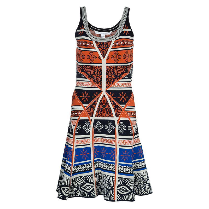 Pre Owned Diane Von Furstenberg Multicolor Jacquard Knit Fitted Flared Ilsa Dress M