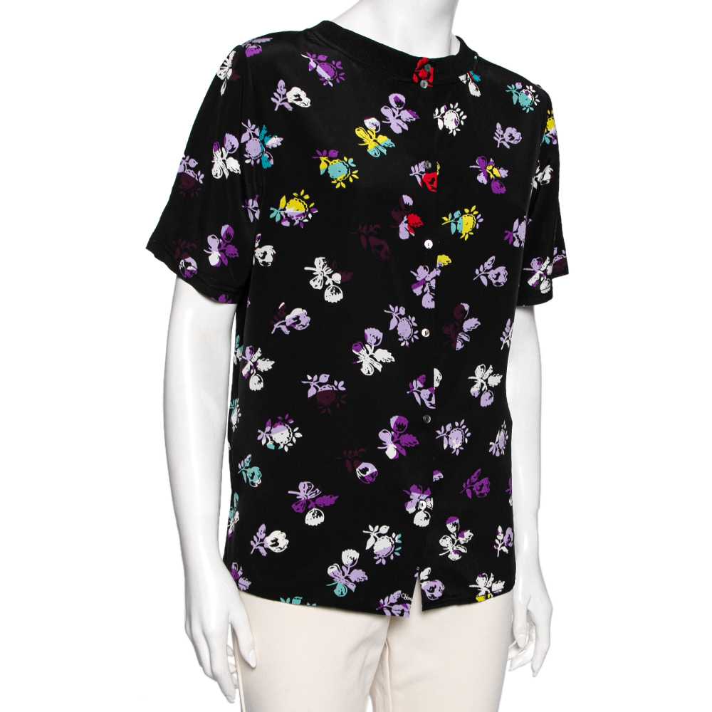 

Diane Von Furstenberg Black Floral Print Silk Top