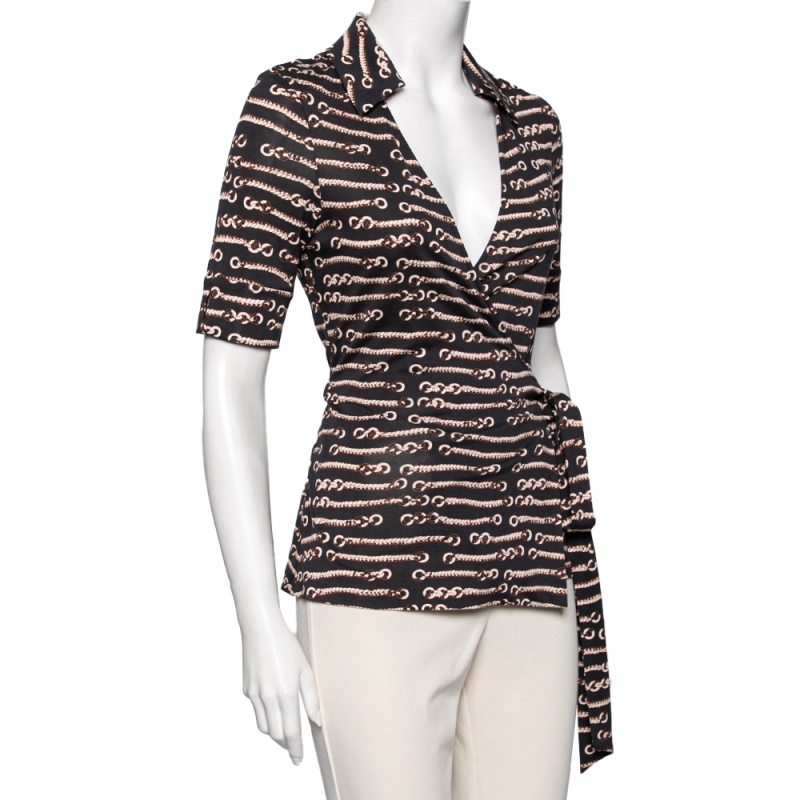 

Diane von Furstenberg Dark Grey Printed Silk Vintage Jilliana Wrap Top