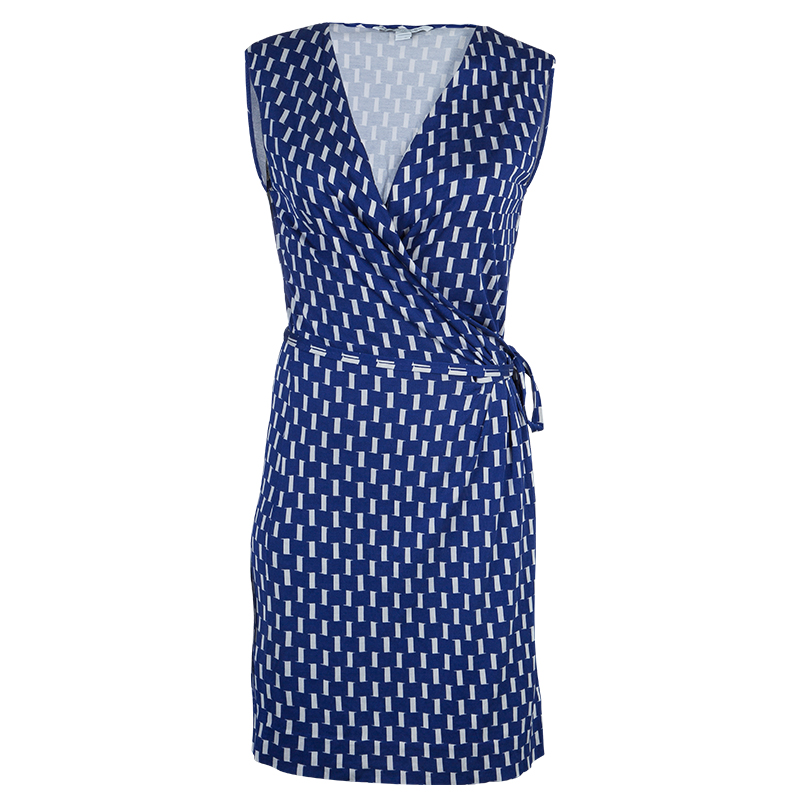 Pre Owned Diane Von Furstenberg Blue Printed Callista Wrap Dress M