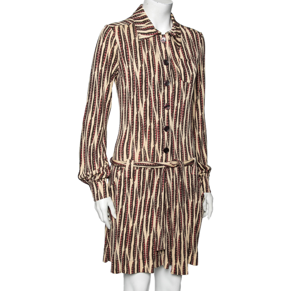 

Diane von Furstenberg Vintage Beige Printed Silk Knit Belted Dress