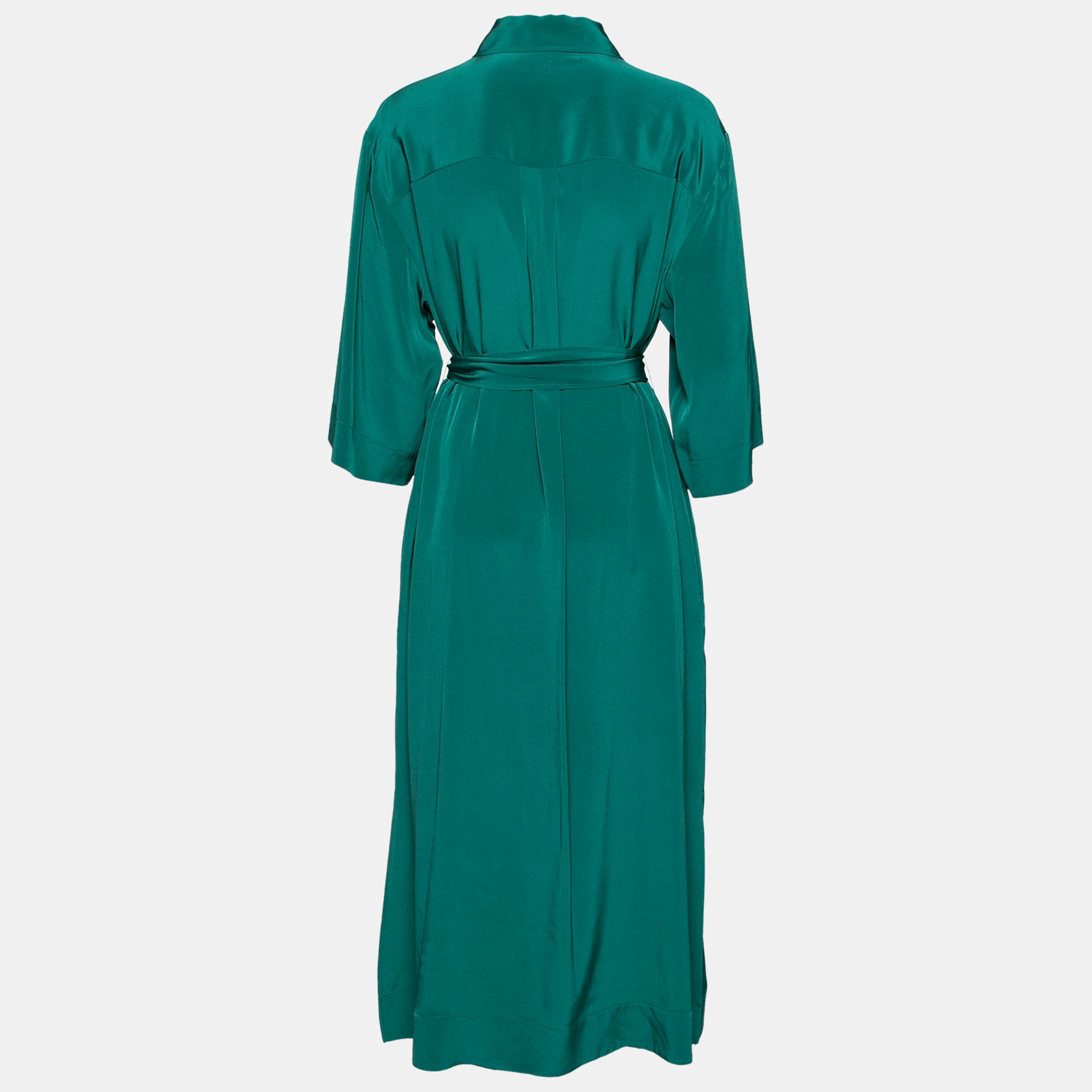

Diane von Furstenberg Green Silk Side Slit Detailed Button Front Belted Dress