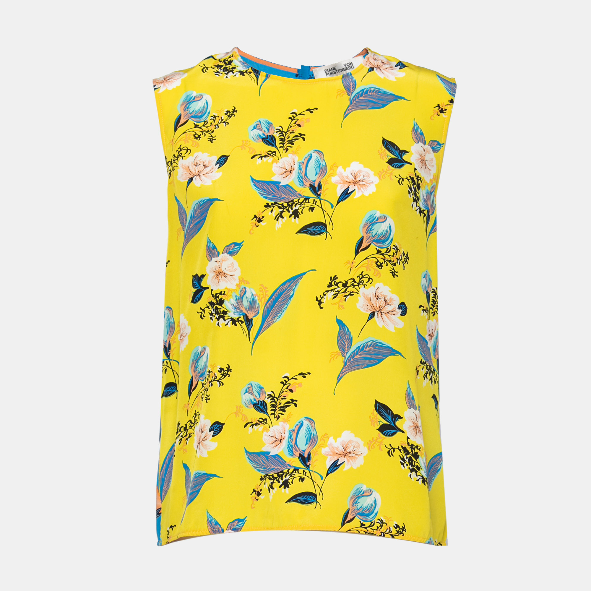 Pre-owned Diane Von Furstenberg Yellow & Blue Floral Printed Silk Sleeveless Top L