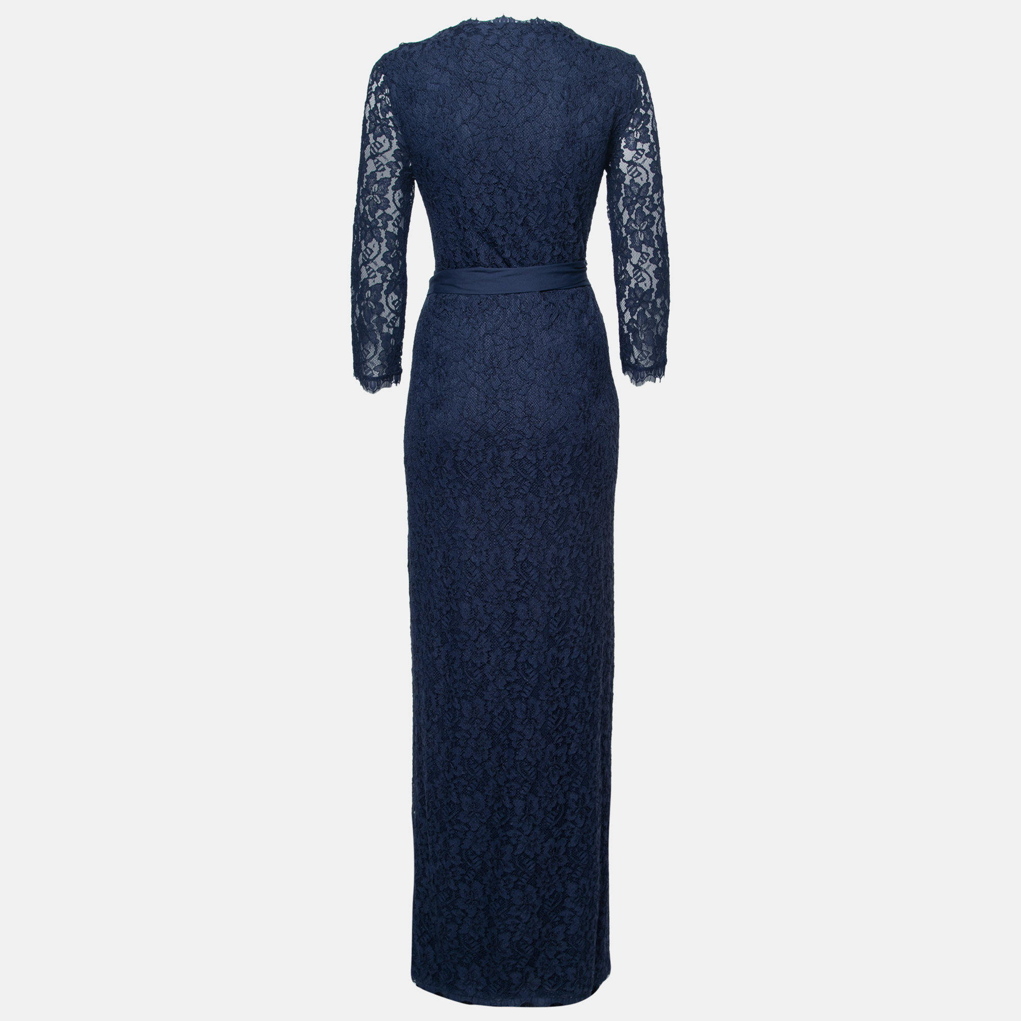 

Diane von Furstenberg Navy Blue Floral Lace Julianna Wrap Maxi Dress