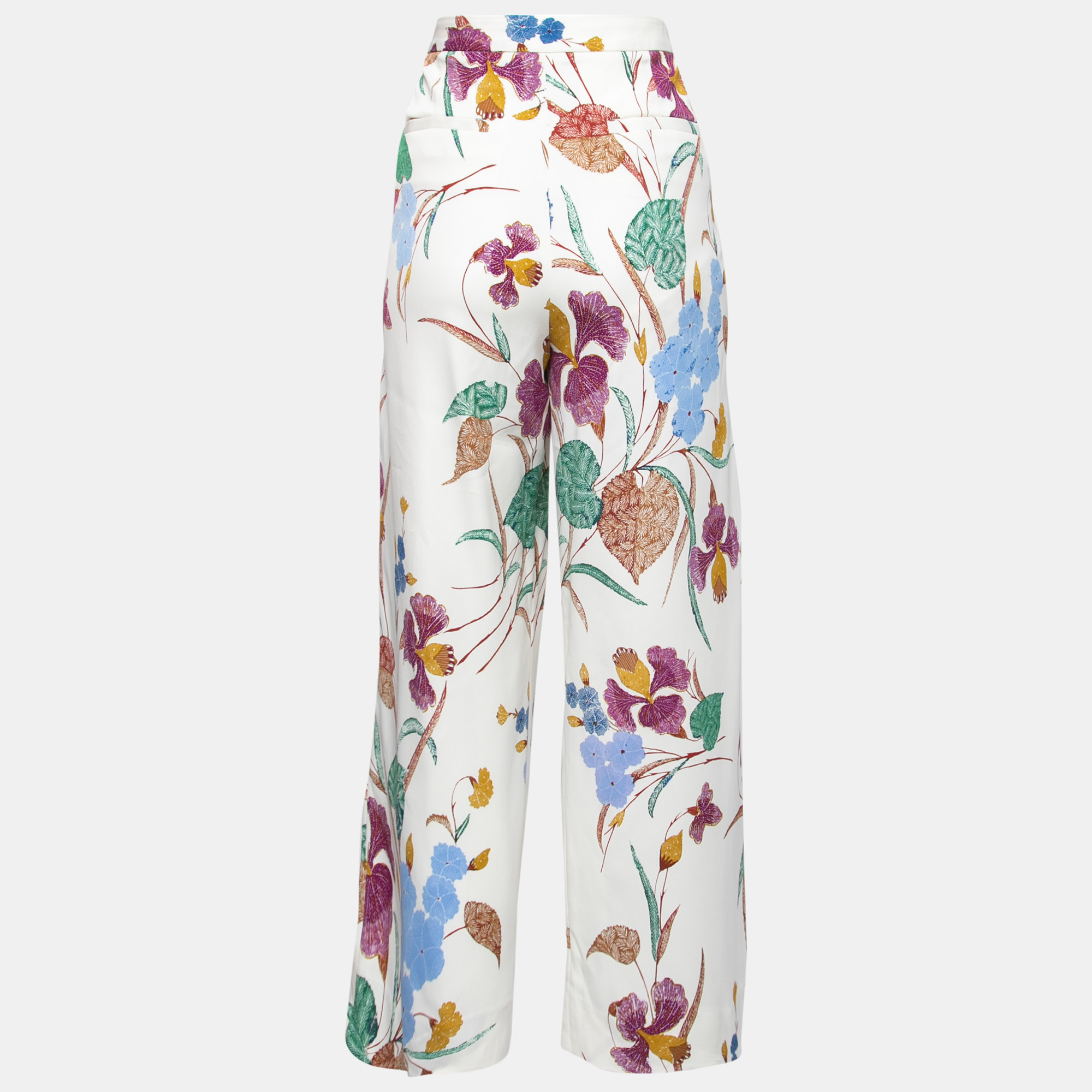

Diane Von Furstenberg White Floral Printed Stretch Crepe Wide Leg Trousers