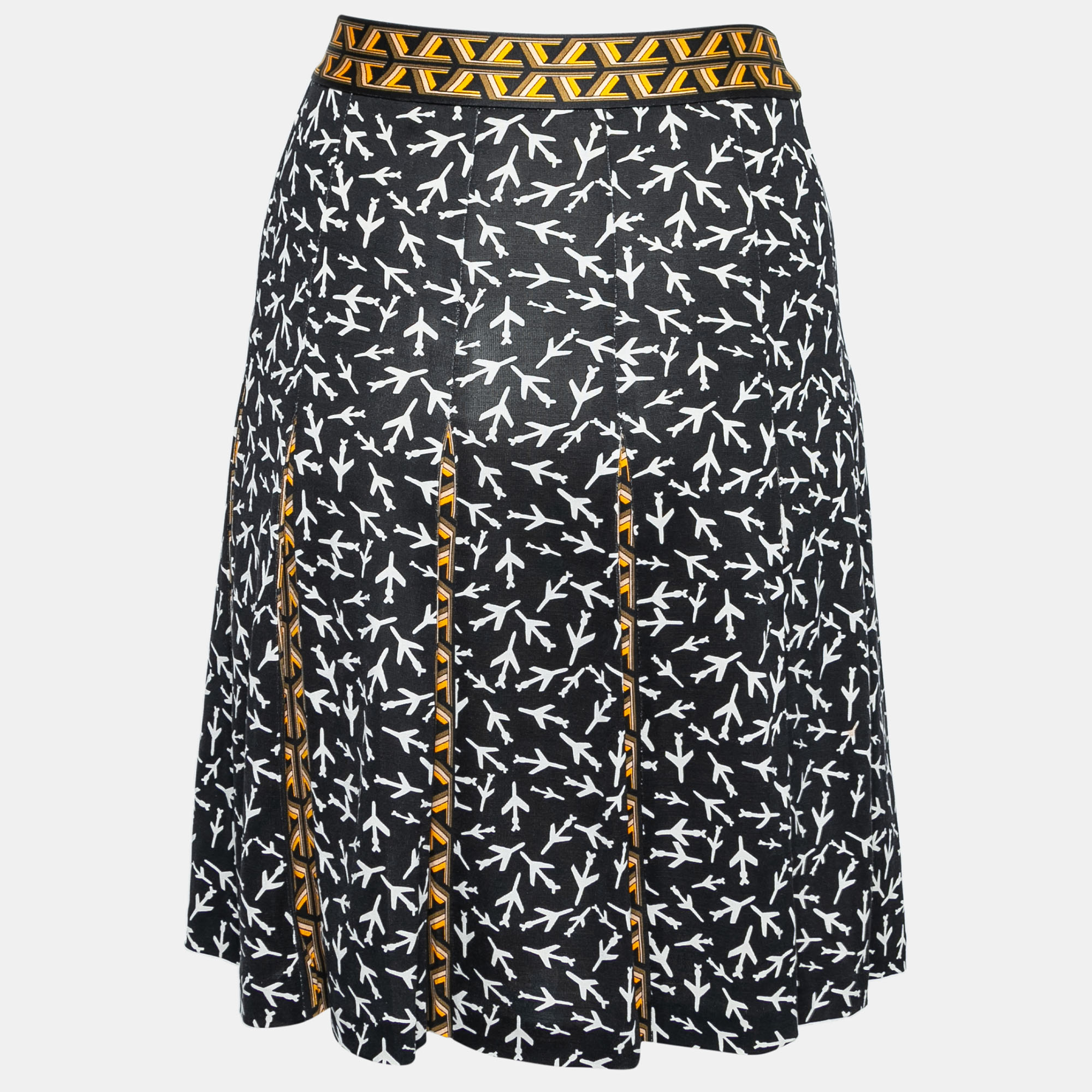 

Diane Von Furstenberg Black Airplane Print Silk Pleated Risa Skirt