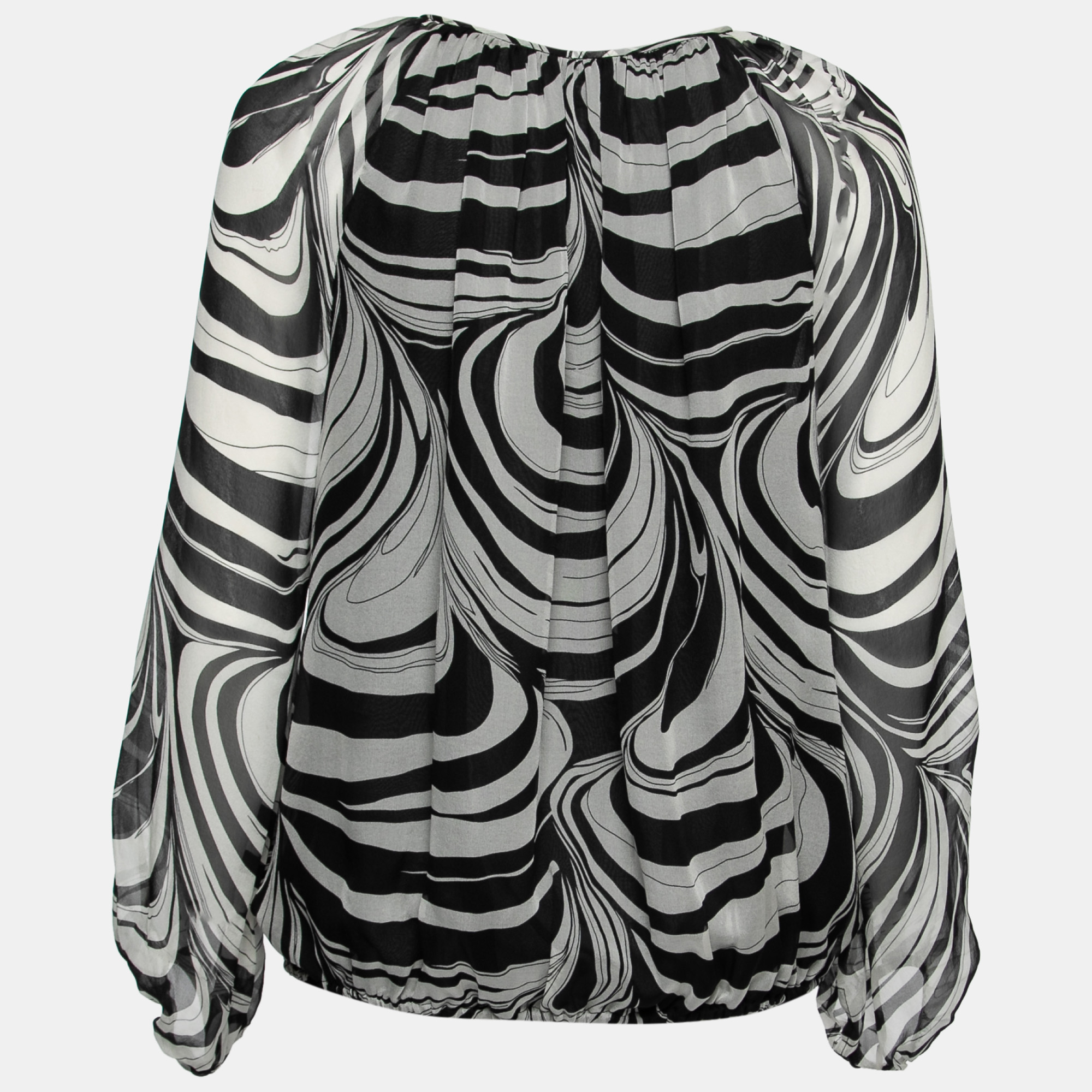 

Diane Von Furstenberg Black Marble Print Silk Keyhole Detail Blouse