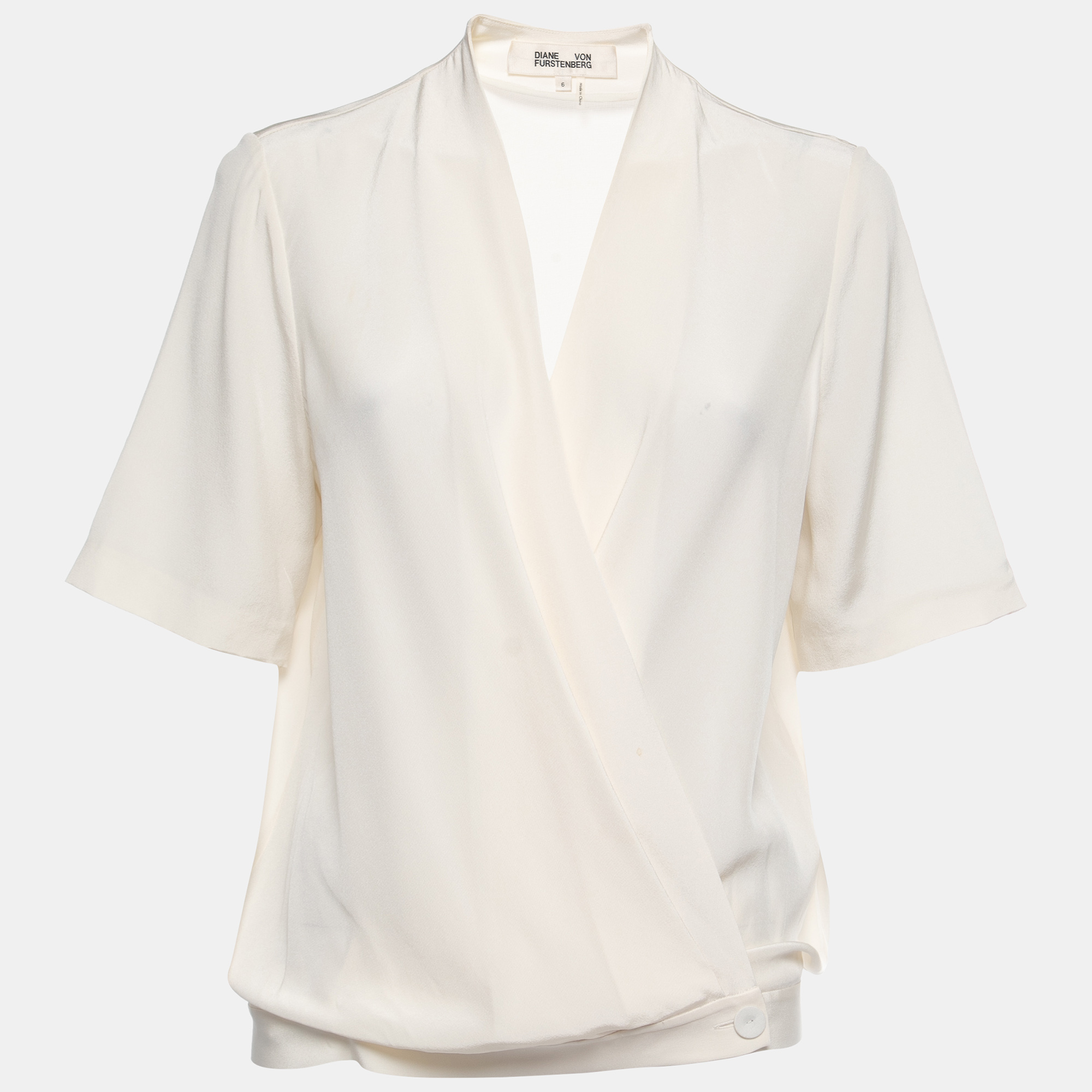 Pre Owned Diane Von Furstenberg Off White Silk Crepe Short Sleeve Blouse M
