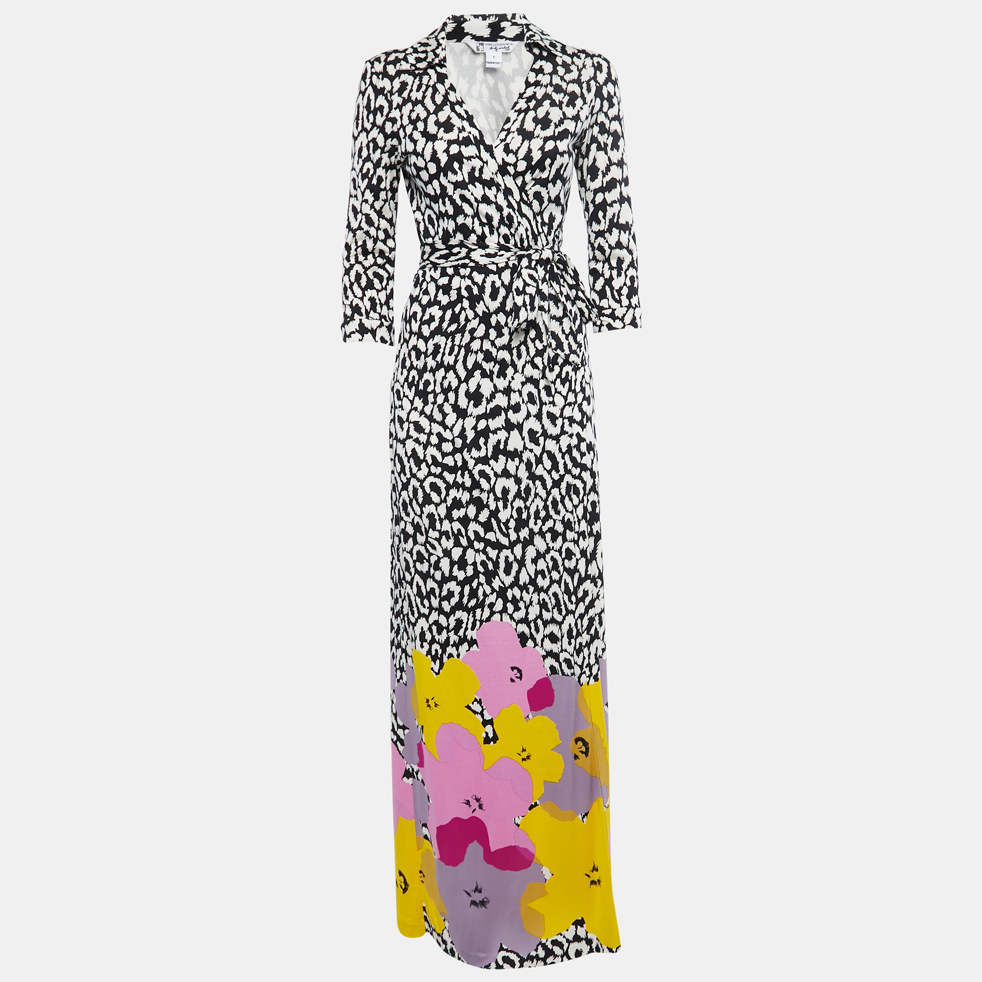 Diane Von Furstenberg Black & White Printed Jersey Silk Wrap Dress M