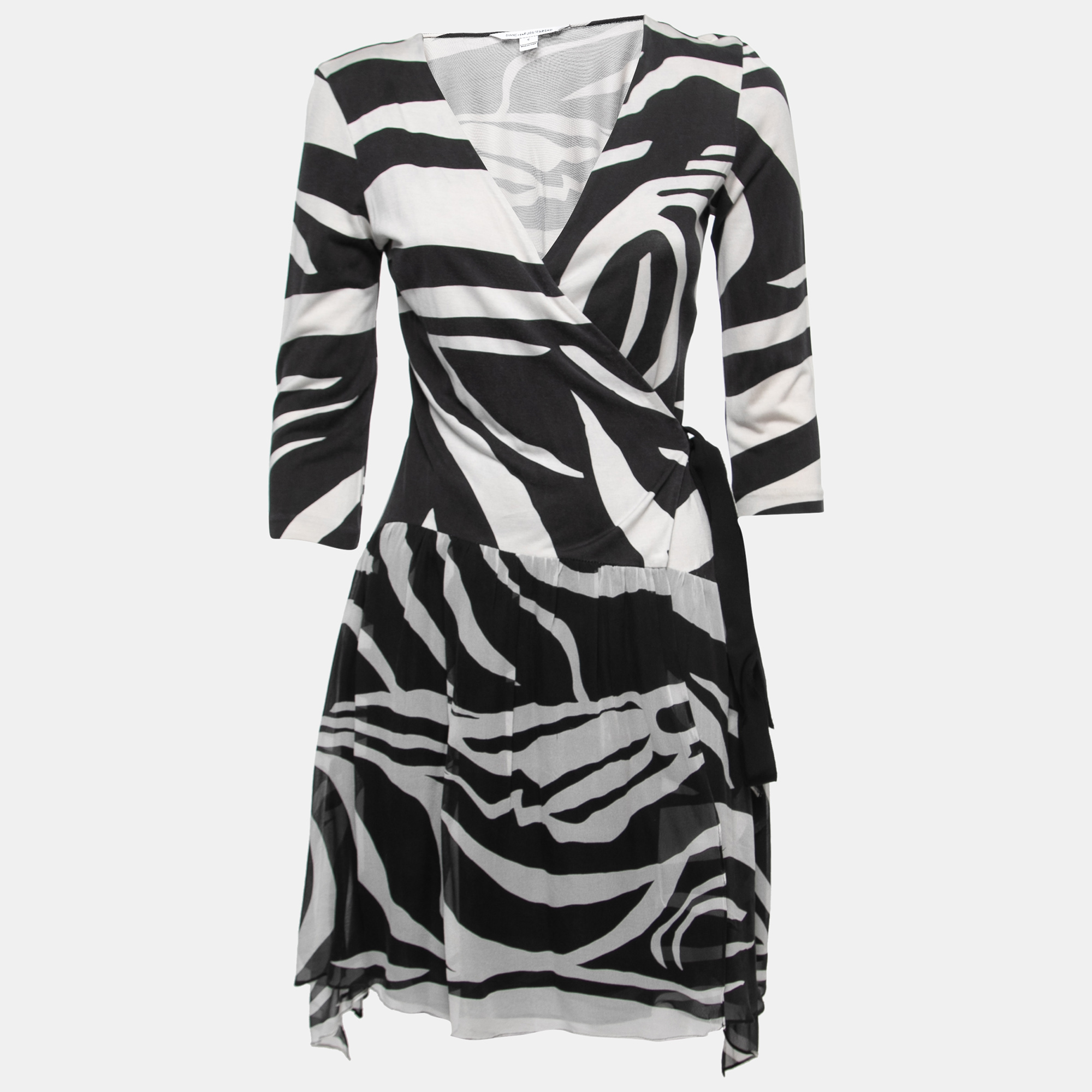 Pre-owned Diane Von Furstenberg Monochrome Riviera Printed Wrap Dress M In Black