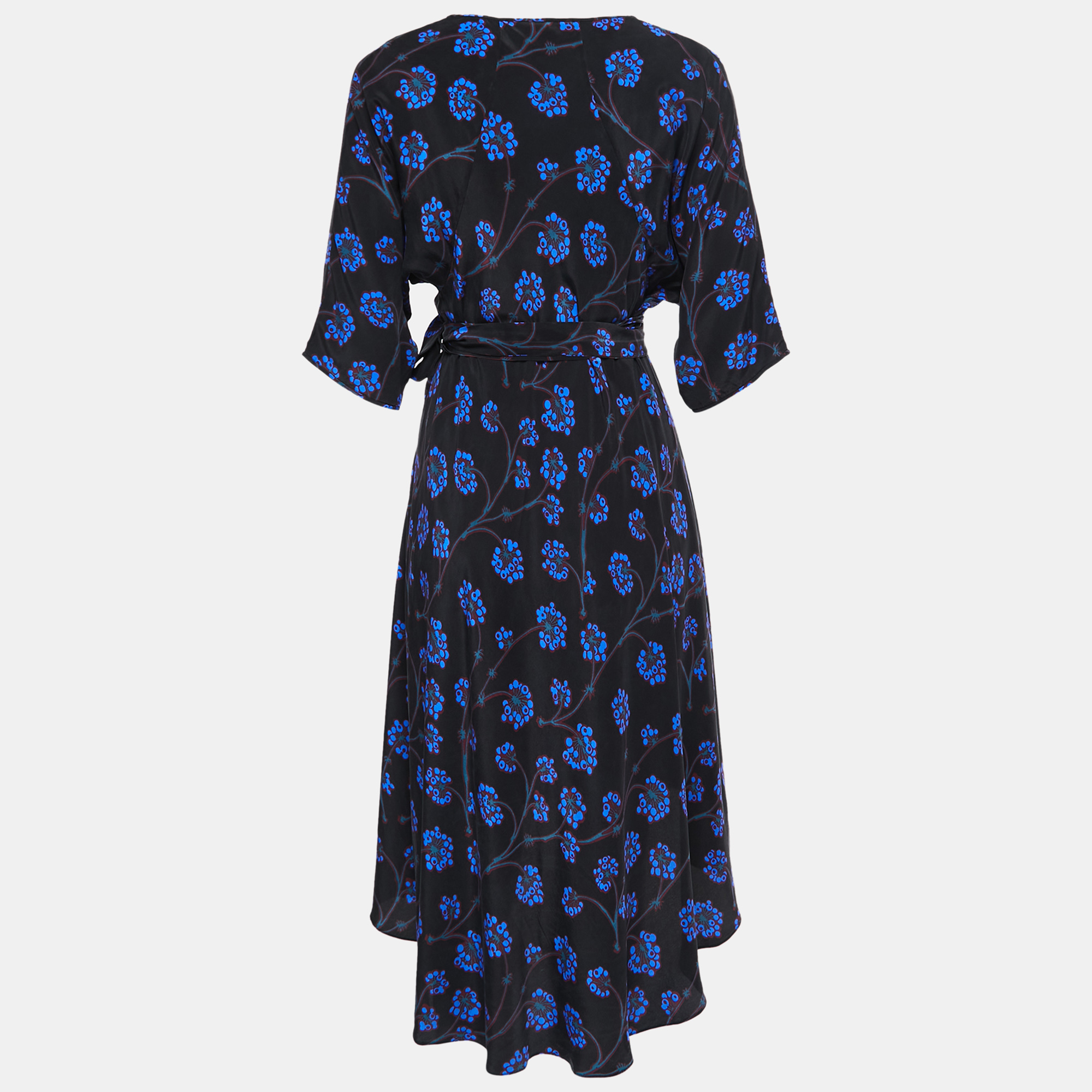 

Diane Von Furstenberg Black/Blue Floral Printed Silk Wrap Midi Dress