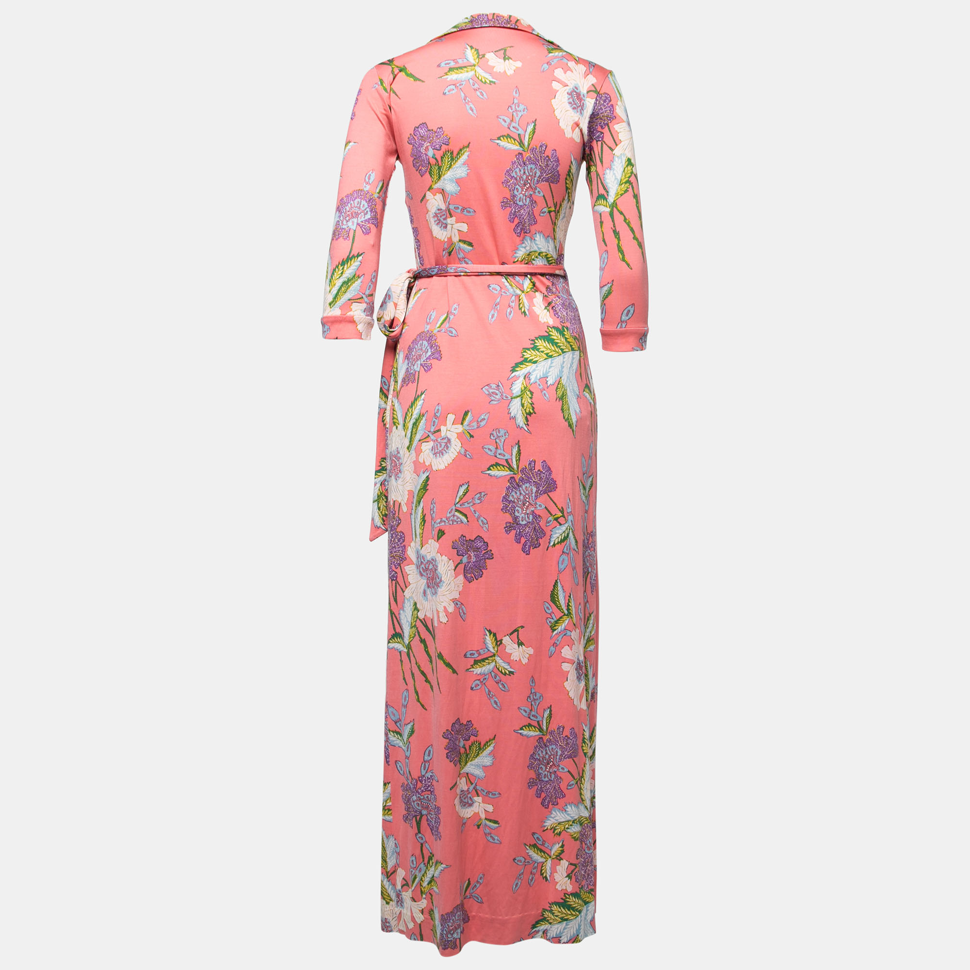 

Diane Von Furstenberg Pink Floral Printed Jersey Maxi Wrap Dress
