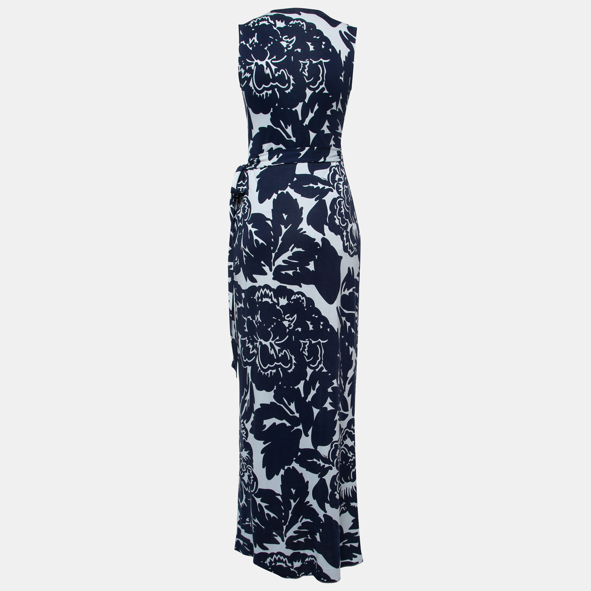 

Diane Von Furstenberg Blue Floral Printed Jersey Sleeveless Wrap Maxi Dress
