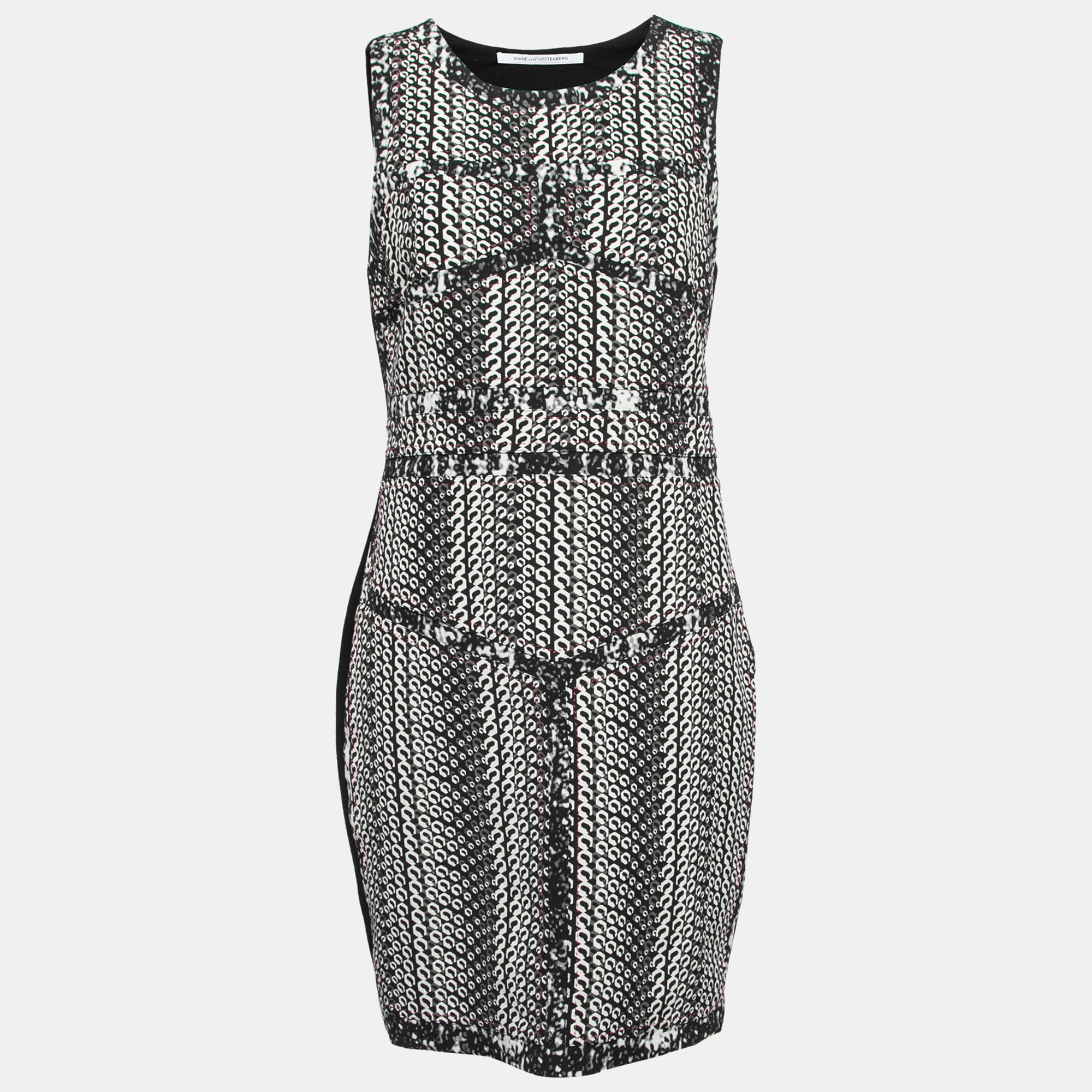 Pre-owned Diane Von Furstenberg Black Printed Contrast Knit Sleeveless Midi Dress L