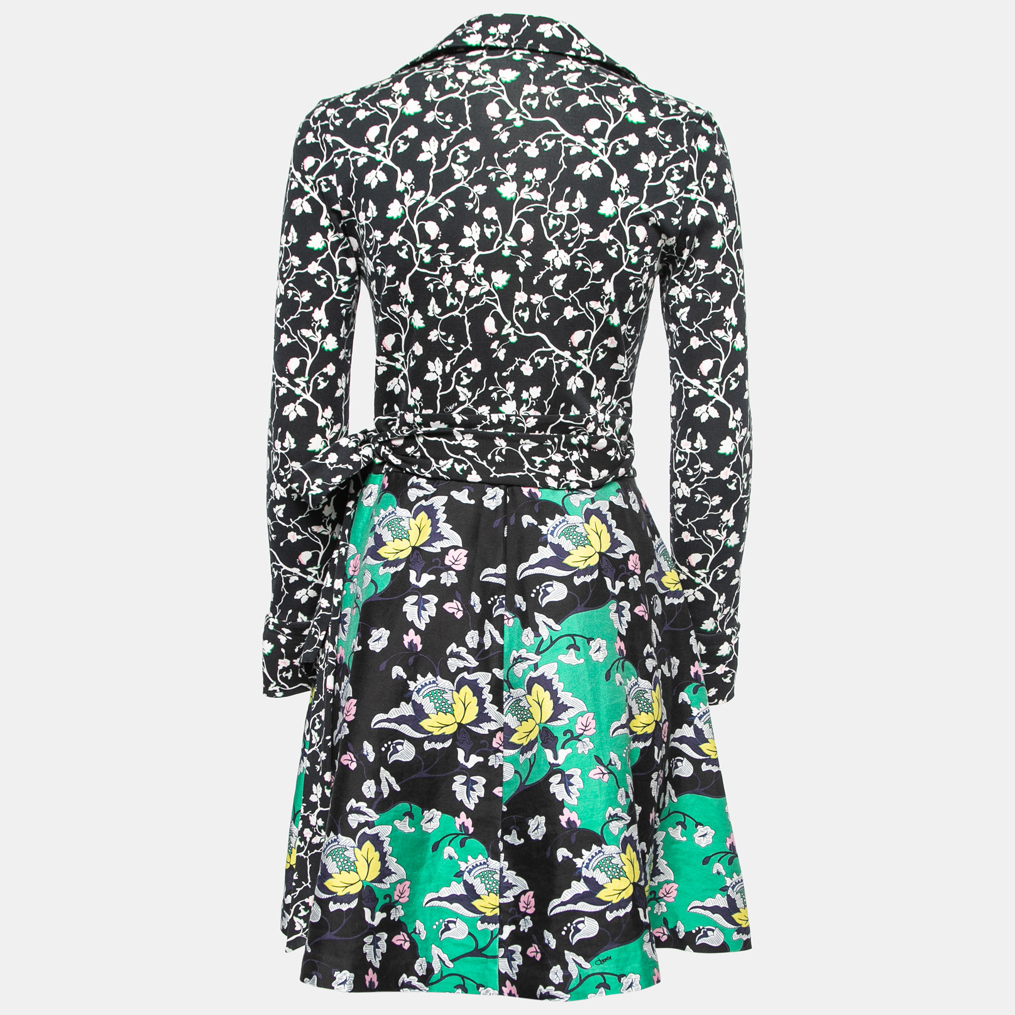 

Diane Von Furstenberg Black Floral Printed Contrast Knit Wrap Mini Dress
