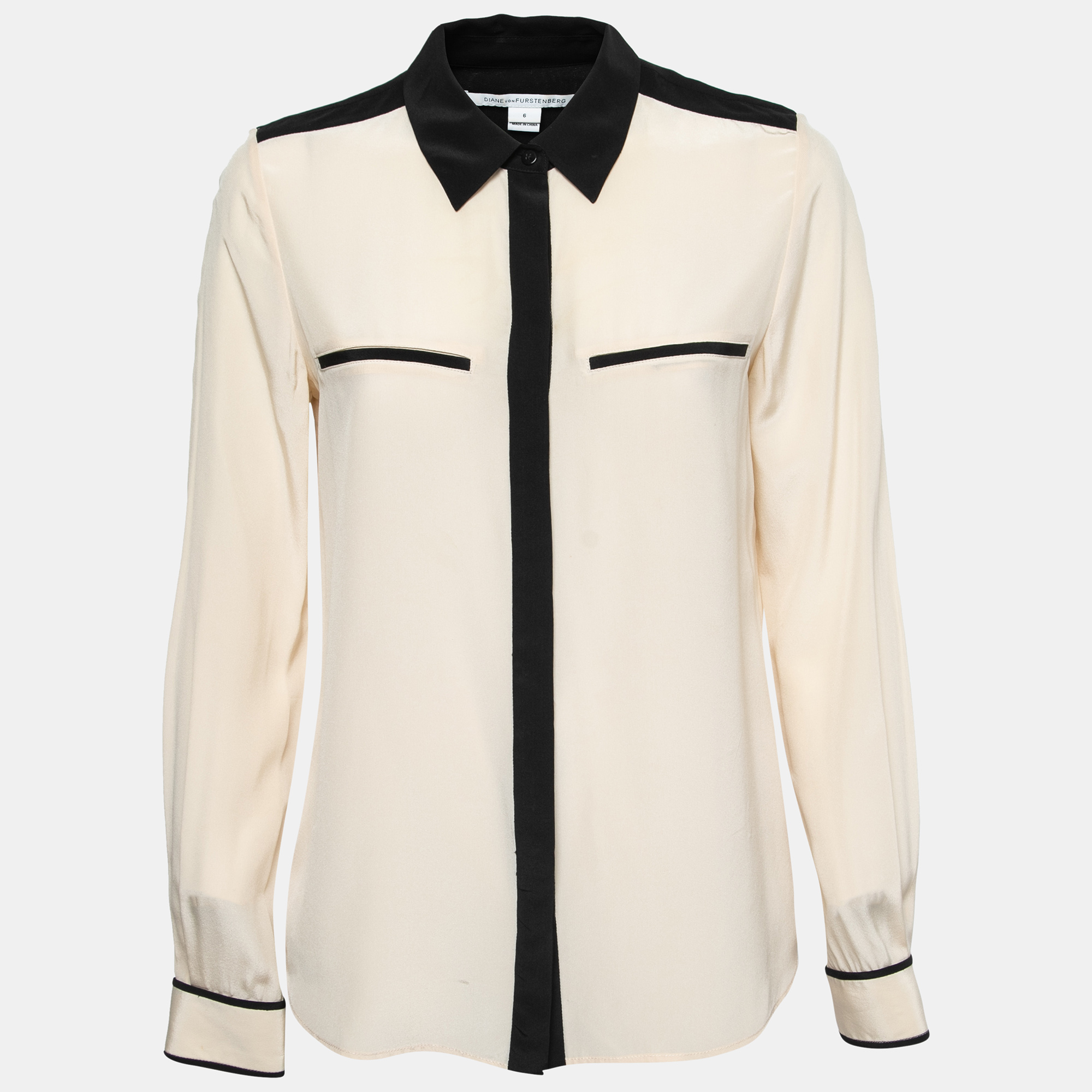 Click to view more detailed imagery on our partner's website Pre-owned Diane Von Furstenberg Cream Silk Contrast Collar Shirt M