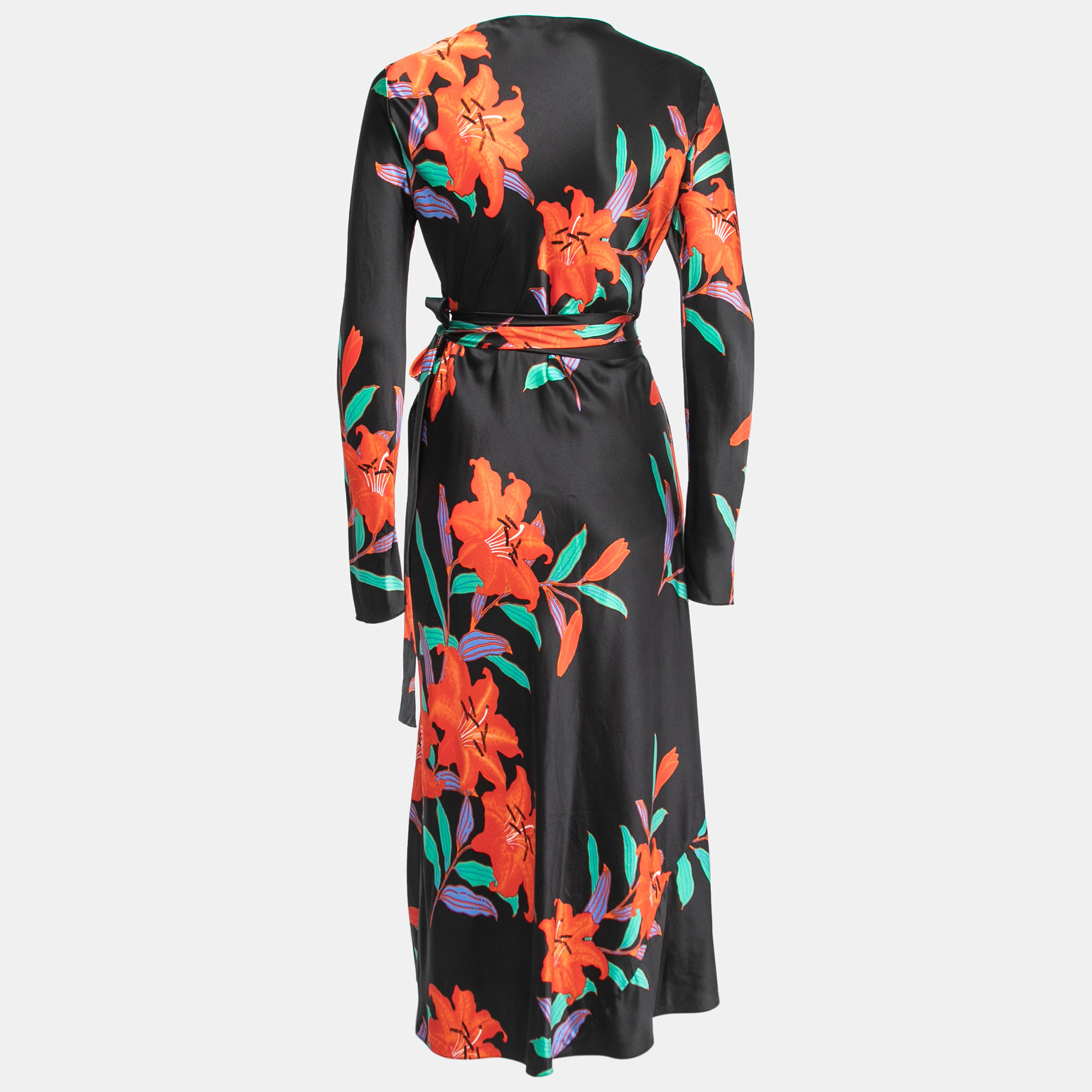 

Diane Von Furstenberg Black Floral Printed Silk Satin Wrap Midi Dress