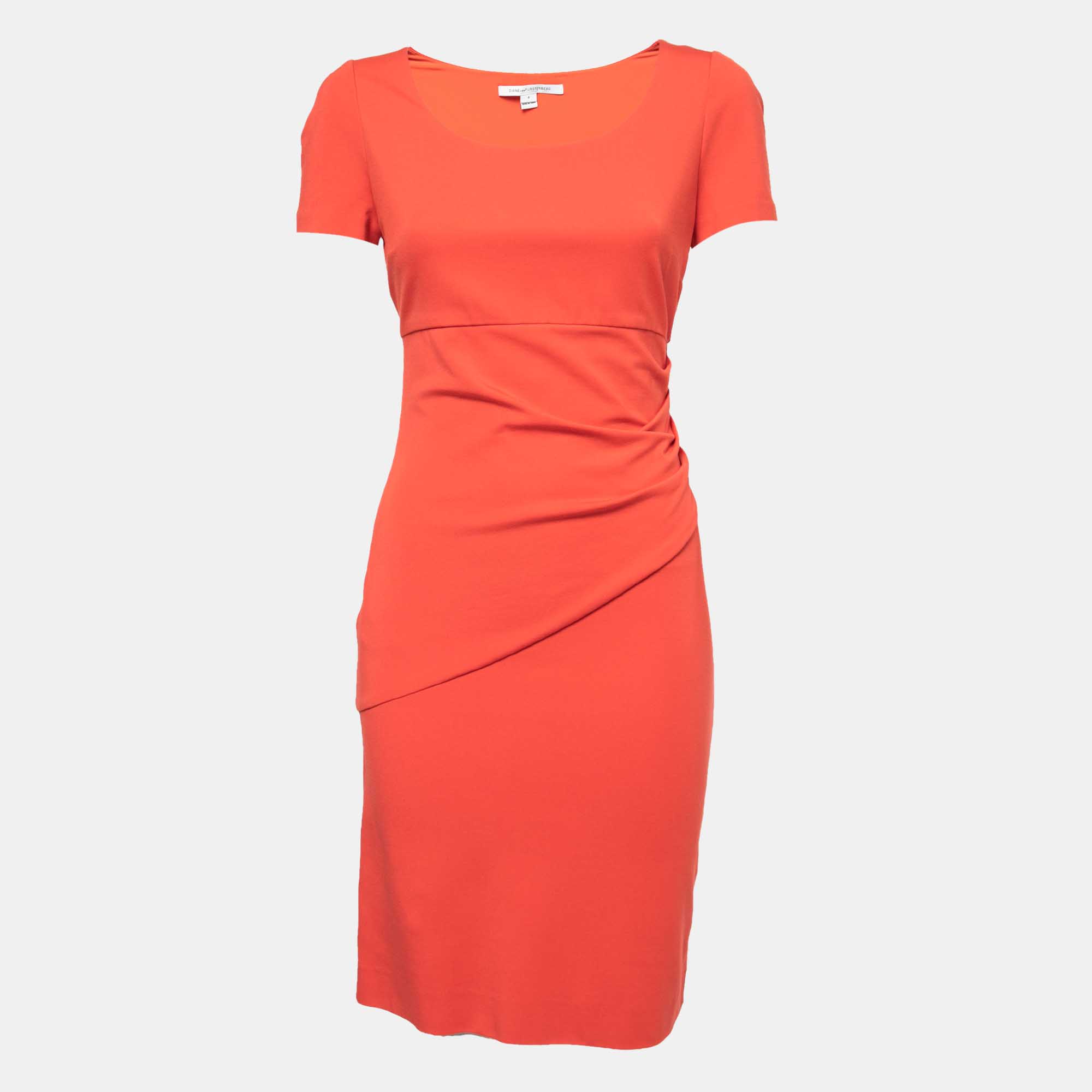 Pre-owned Diane Von Furstenberg Orange Knit Ruched Midi Dress S